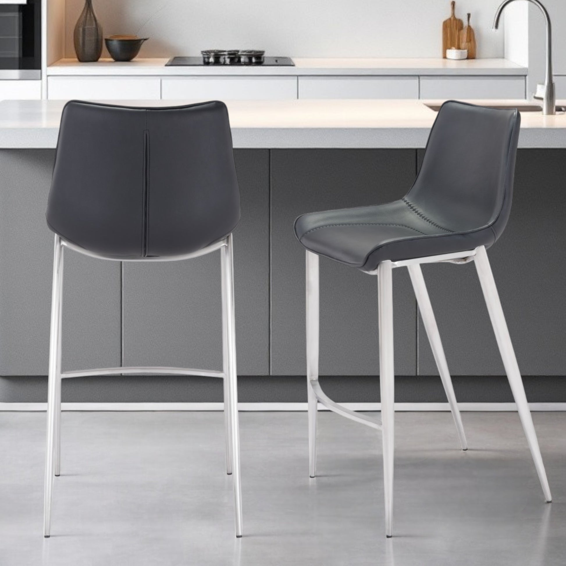 Set of Two 30" Black And Silver Steel Low Back Bar Height Bar Chairs-Bar Chairs-DECOROLALA