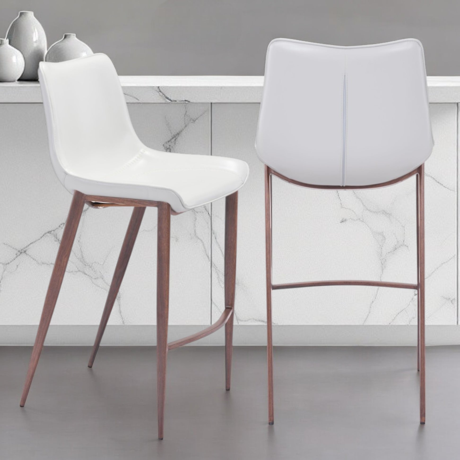 Set of Two 30" White And Brown Steel Low Back Bar Height Bar Chairs-Bar Chairs-DECOROLALA