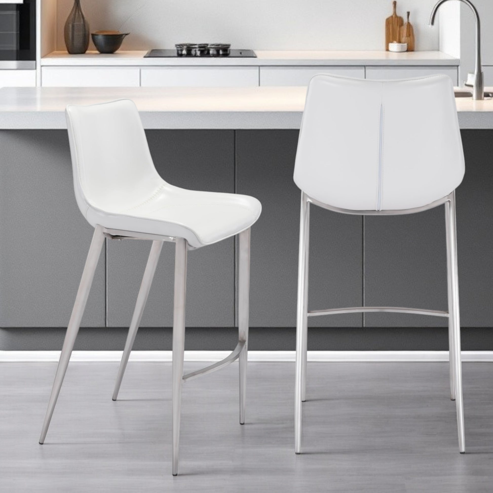 Set of Two 30" White And Silver Steel Low Back Bar Height Bar Chairs-Bar Chairs-DECOROLALA