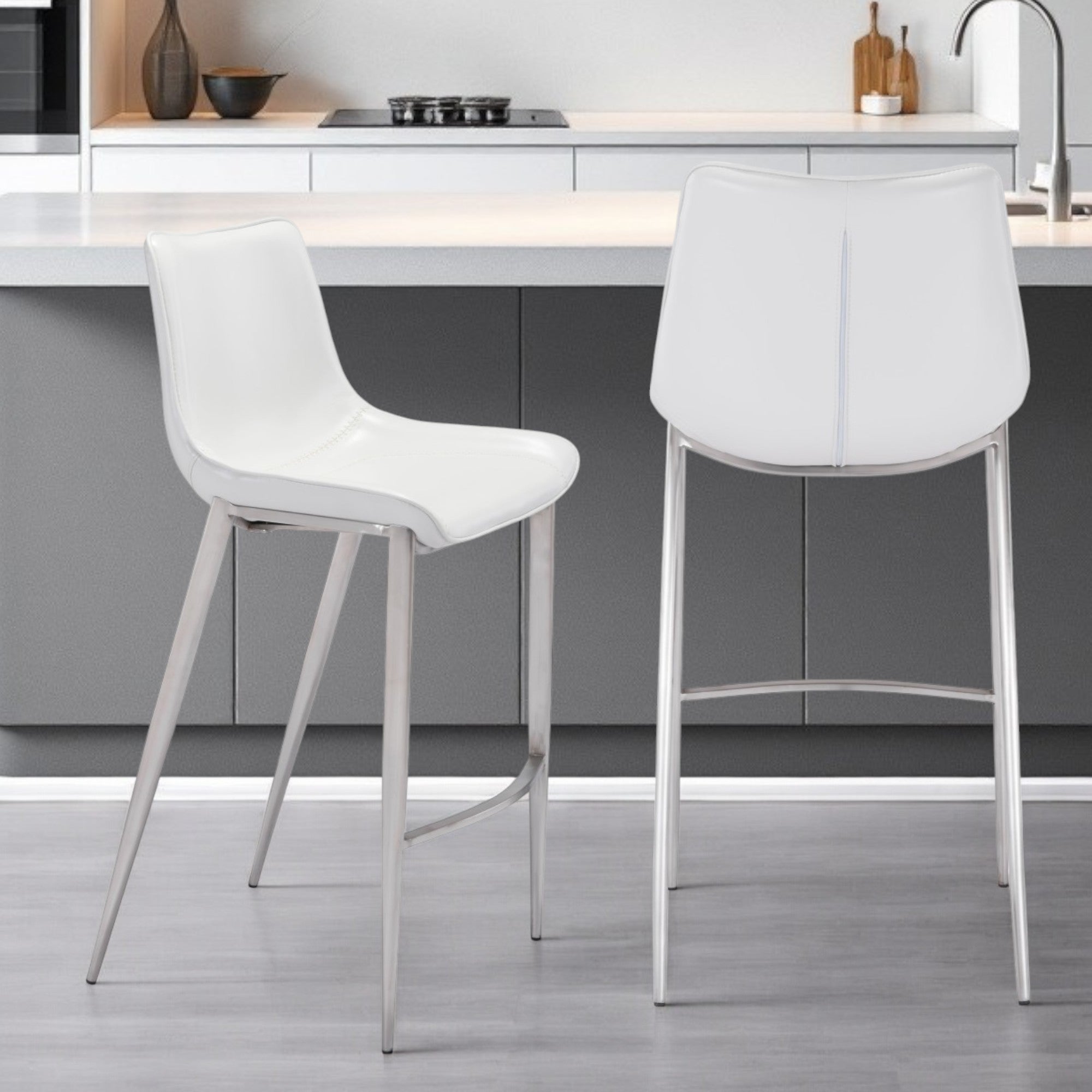 Set of Two 30" White And Silver Steel Low Back Bar Height Bar Chairs-Bar Chairs-DECOROLALA