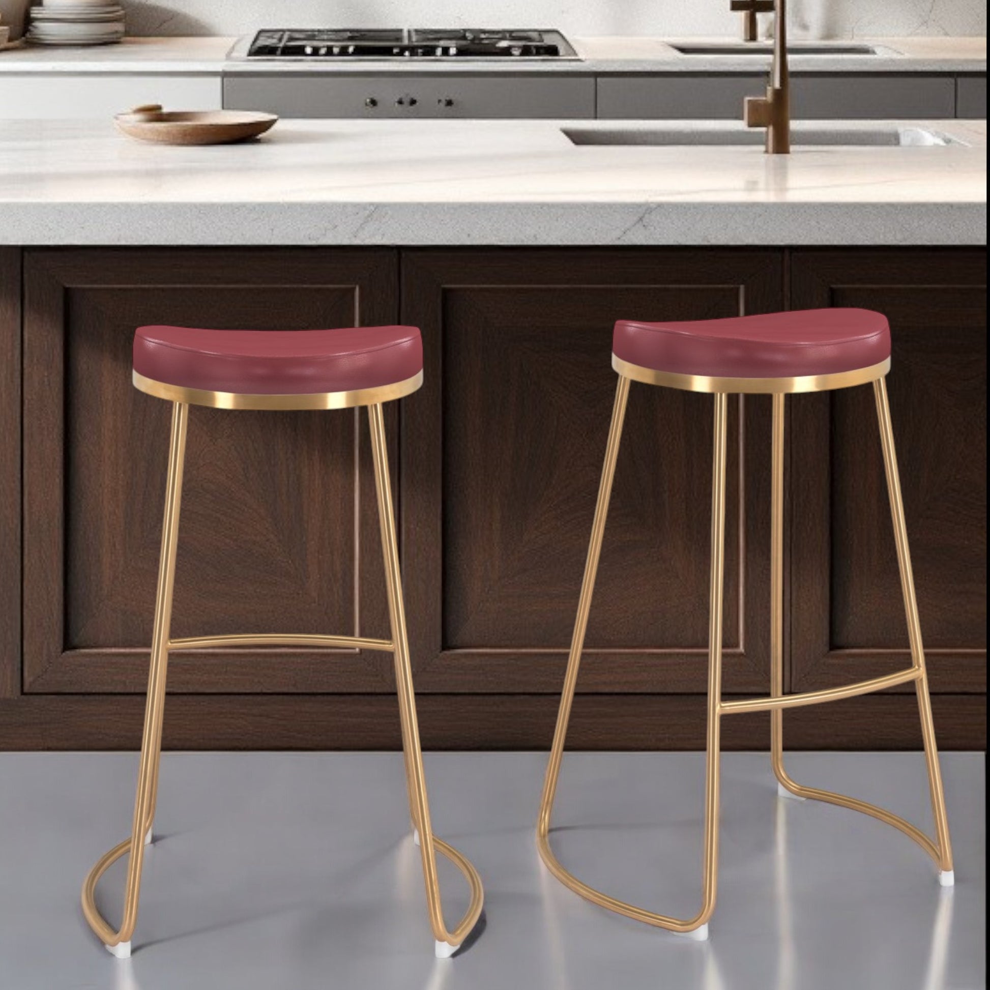 Set of Two 31" Burgundy And Gold Steel Backless Bar Height Bar Chairs-Bar Chairs-DECOROLALA