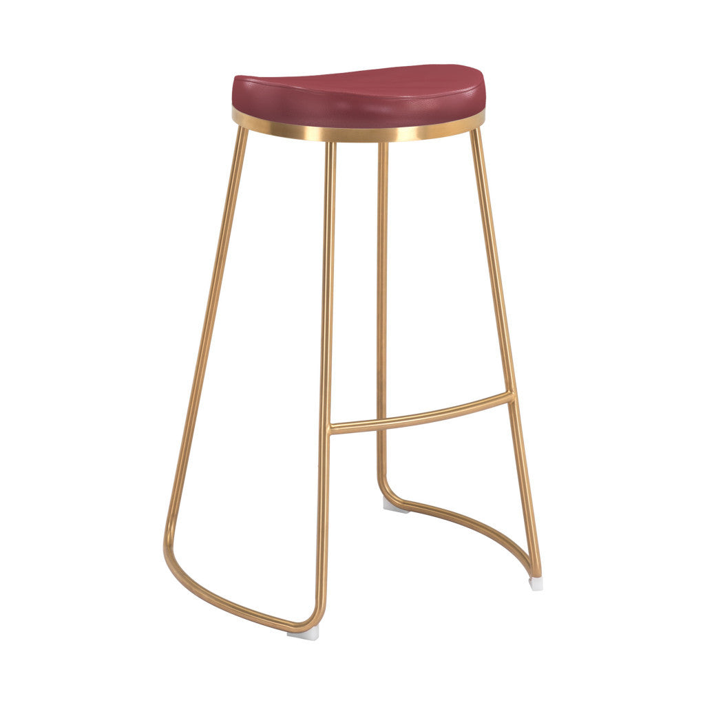 Set of Two 31" Burgundy And Gold Steel Backless Bar Height Bar Chairs-Bar Chairs-DECOROLALA