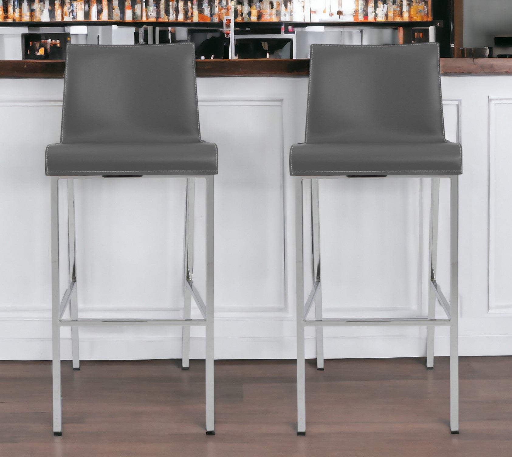 Set of Two 31" Gray And Silver Steel Low Back Bar Height Bar Chairs-Bar Chairs-DECOROLALA