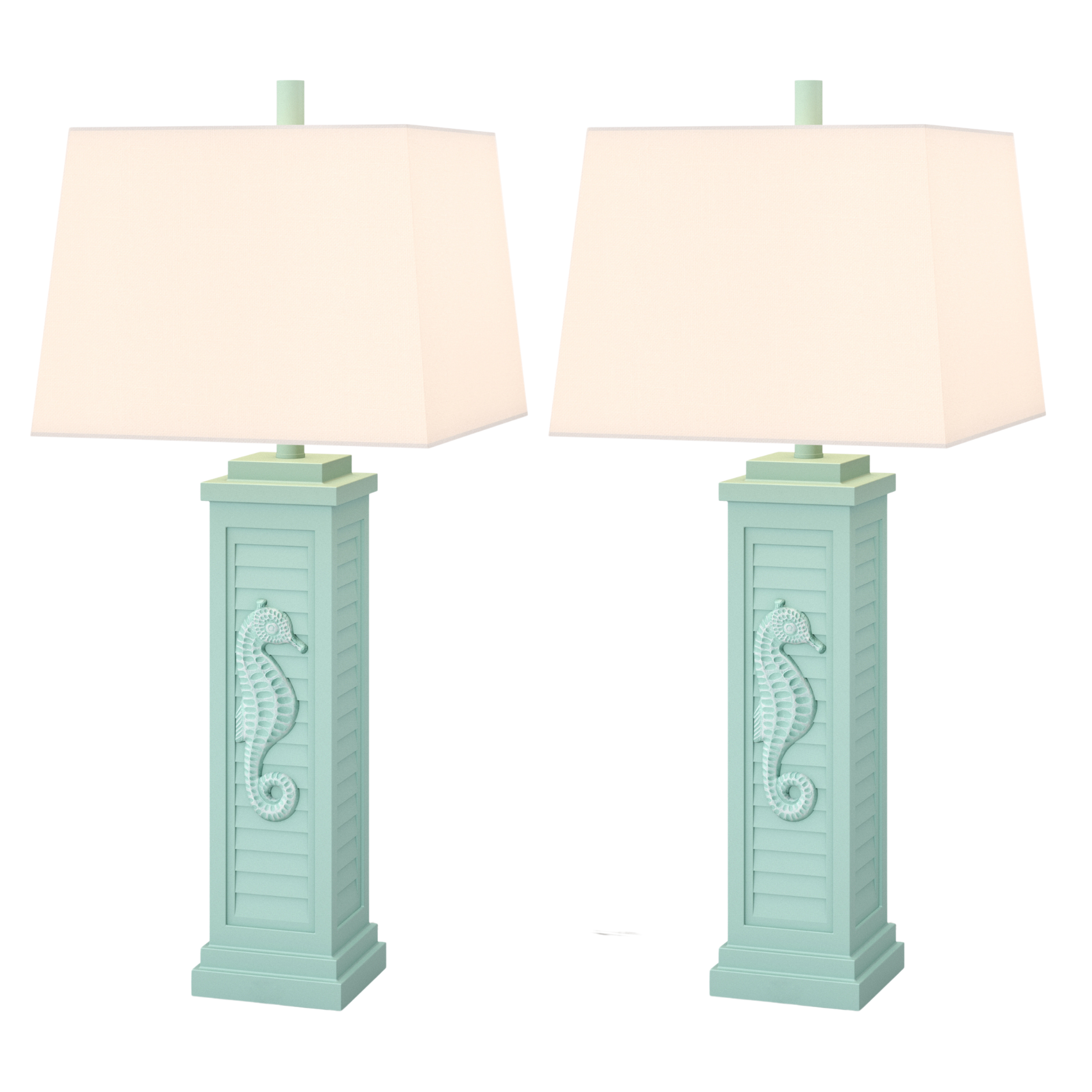 Set of Two 32" Turquoise Seahorse Shutter USB Table Lamps With White Shade-Table Lamps-DECOROLALA