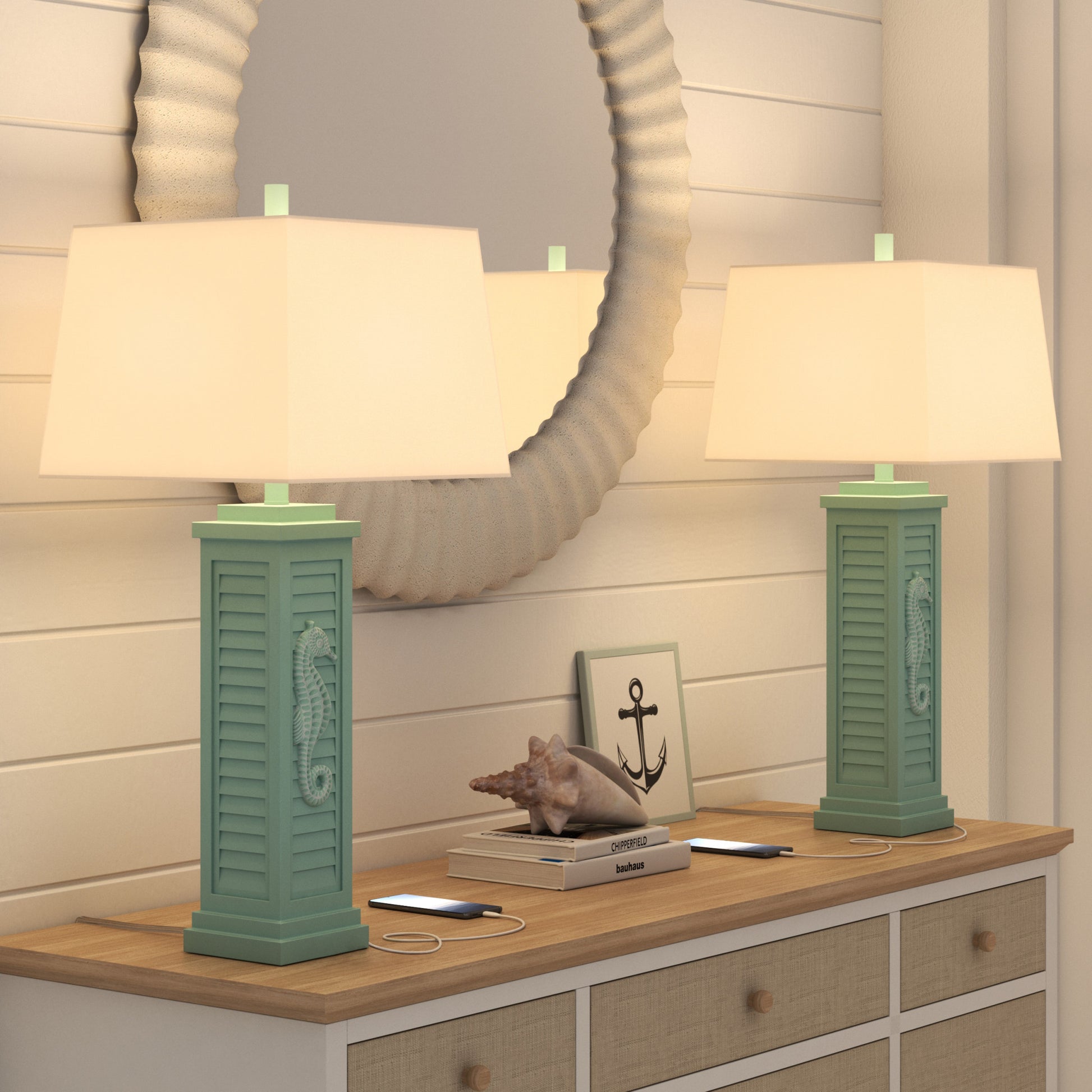 Set of Two 32" Turquoise Seahorse Shutter USB Table Lamps With White Shade-Table Lamps-DECOROLALA