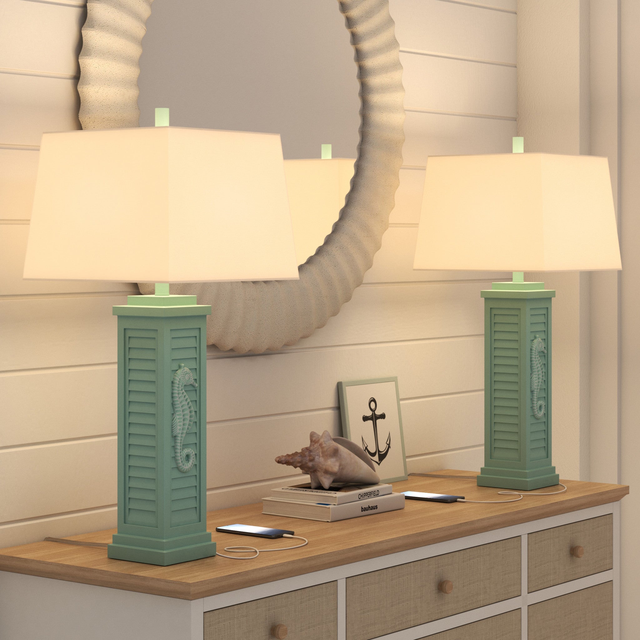 Set of Two 32" Turquoise Seahorse Shutter USB Table Lamps With White Shade-Table Lamps-DECOROLALA