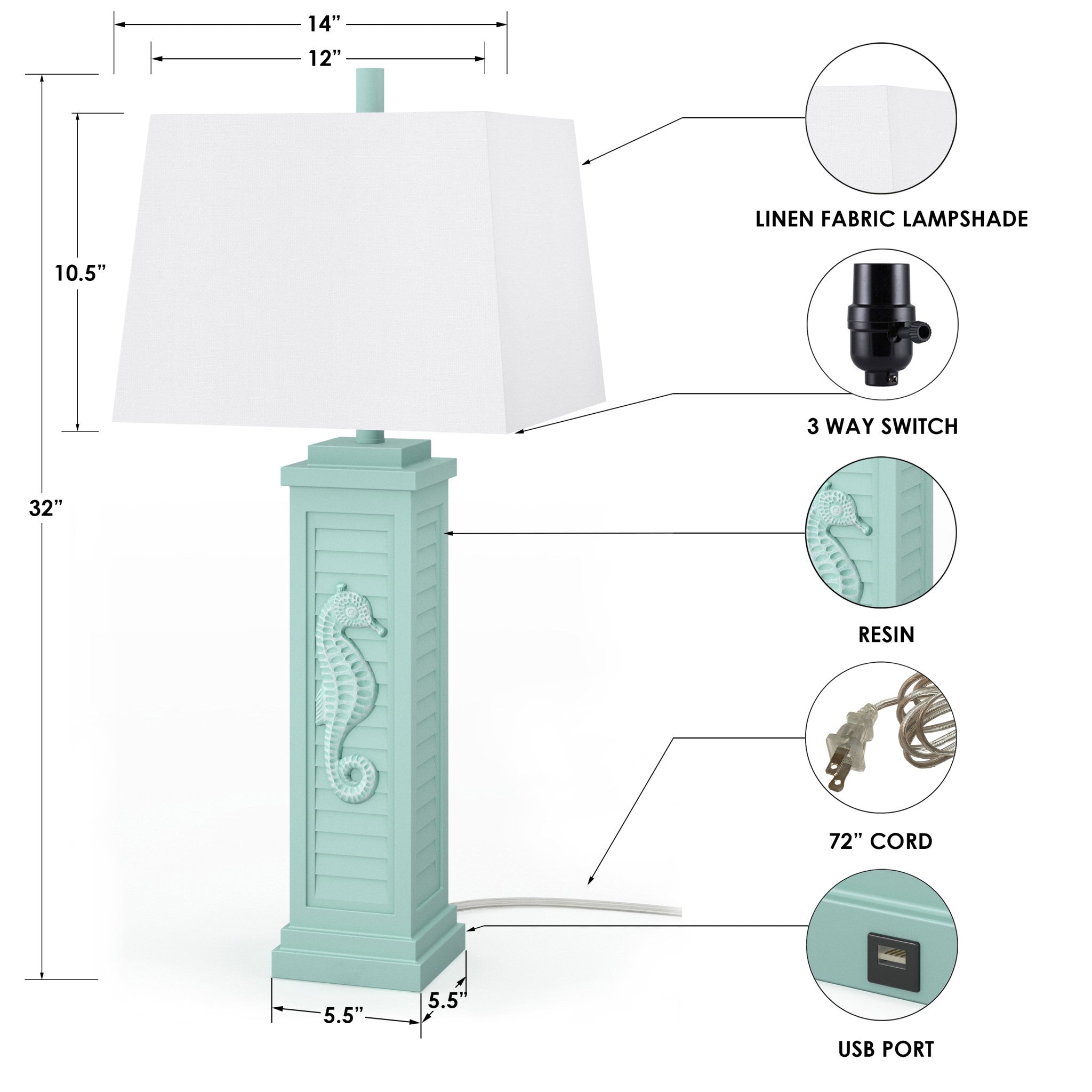 Set of Two 32" Turquoise Seahorse Shutter USB Table Lamps With White Shade-Table Lamps-DECOROLALA