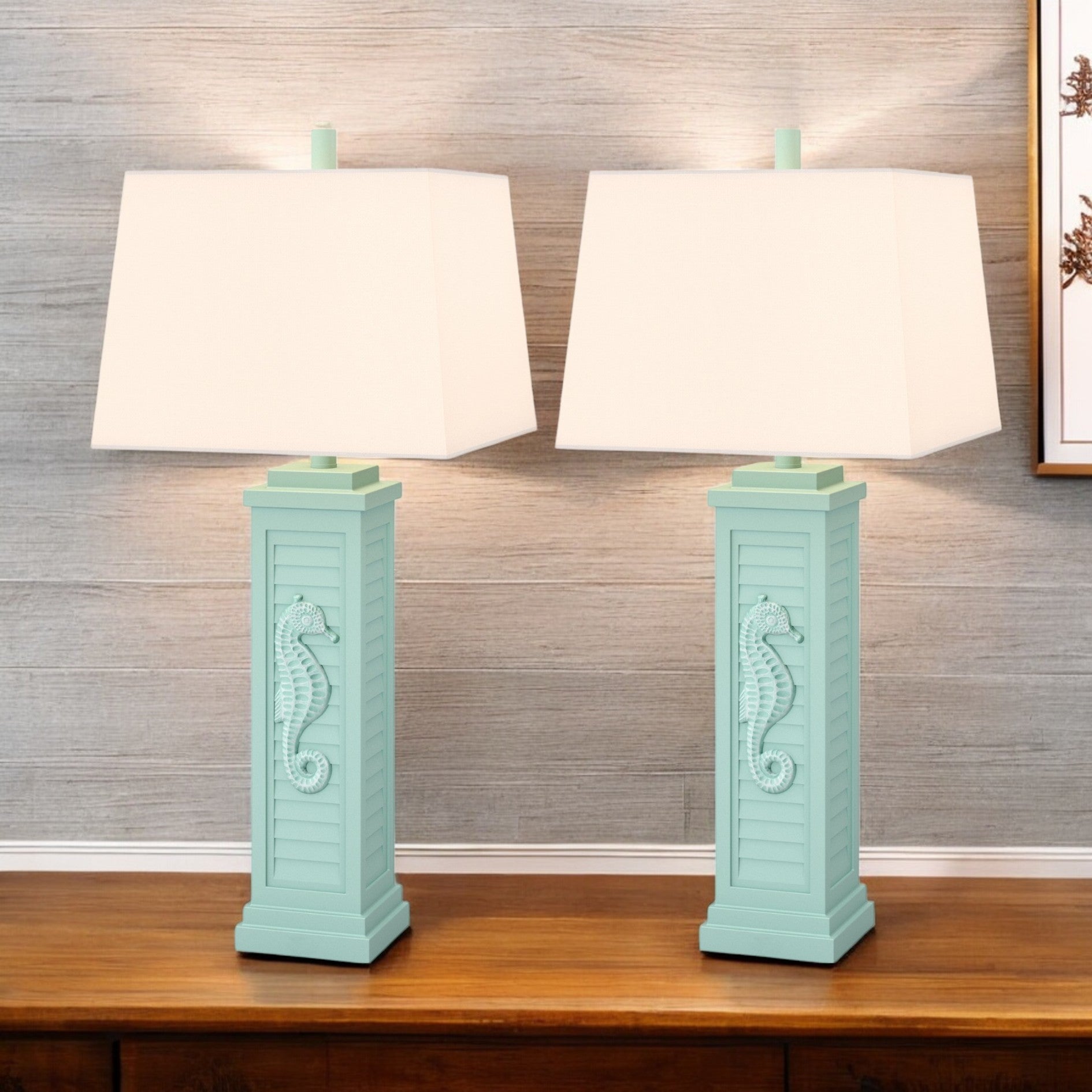 Set of Two 32" Turquoise Seahorse Shutter USB Table Lamps With White Shade-Table Lamps-DECOROLALA