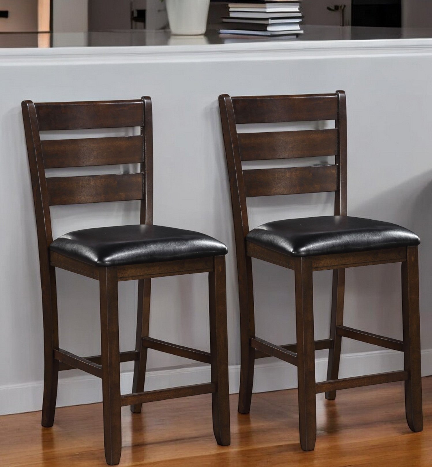 Set of Two 41" Black and Brown Faux Leather and Solid Wood Counter Height Bar Chairs-Bar Chairs-DECOROLALA