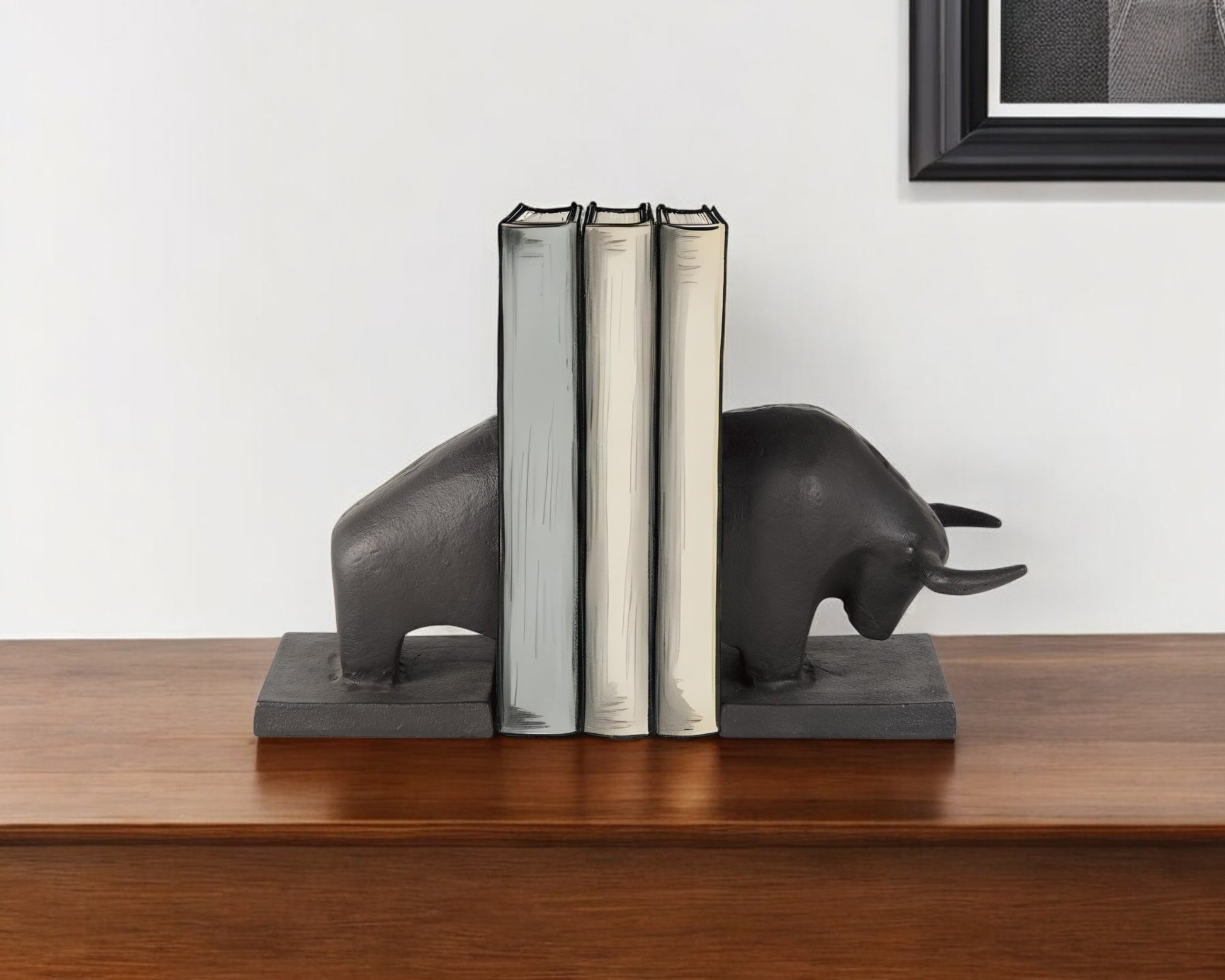 Set of Two 6" Black Metal Bull Decorative Bookends-Sculptures-DECOROLALA