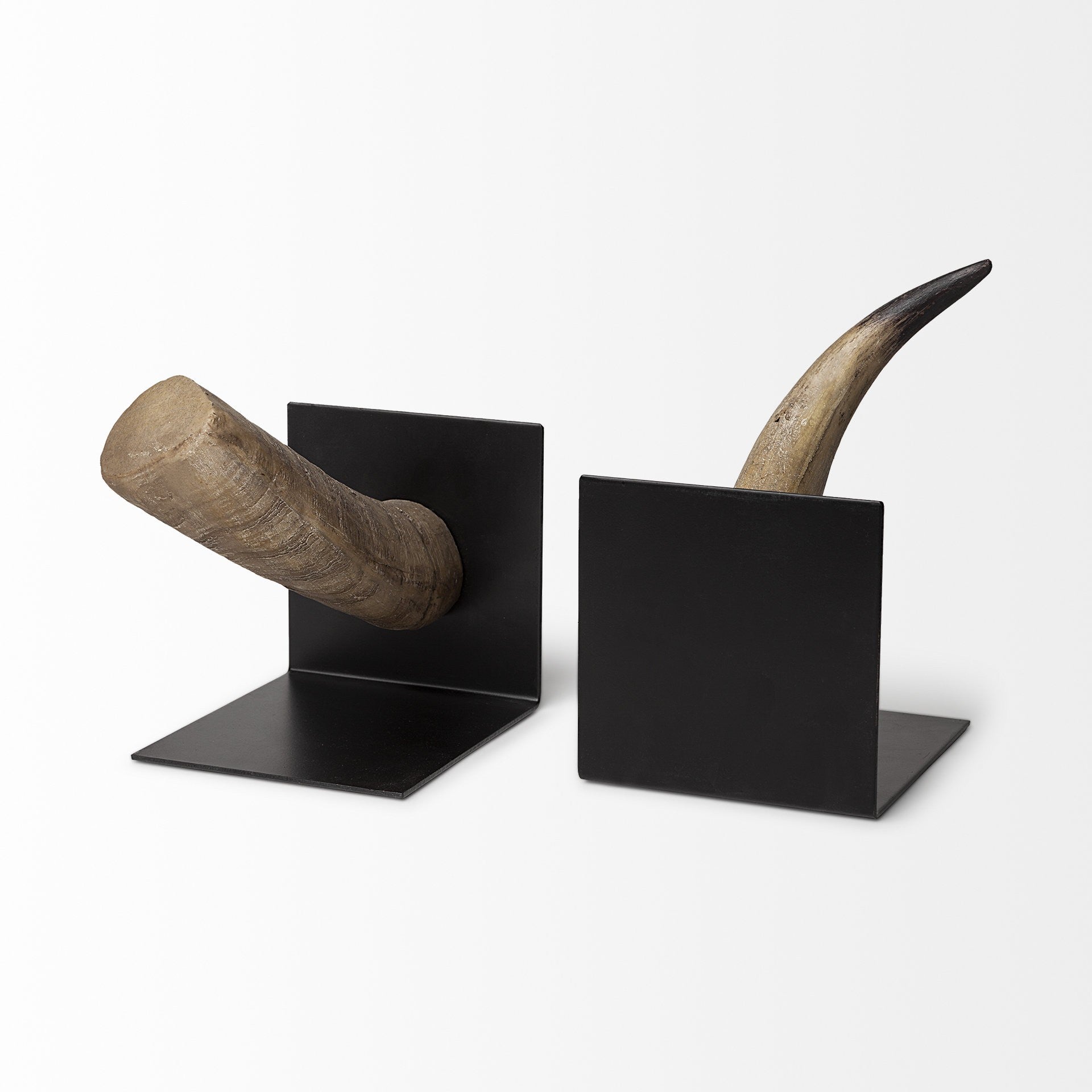 Set of Two 6" Brown and Black Ceramic Horn Decorative Bookends-Sculptures-DECOROLALA