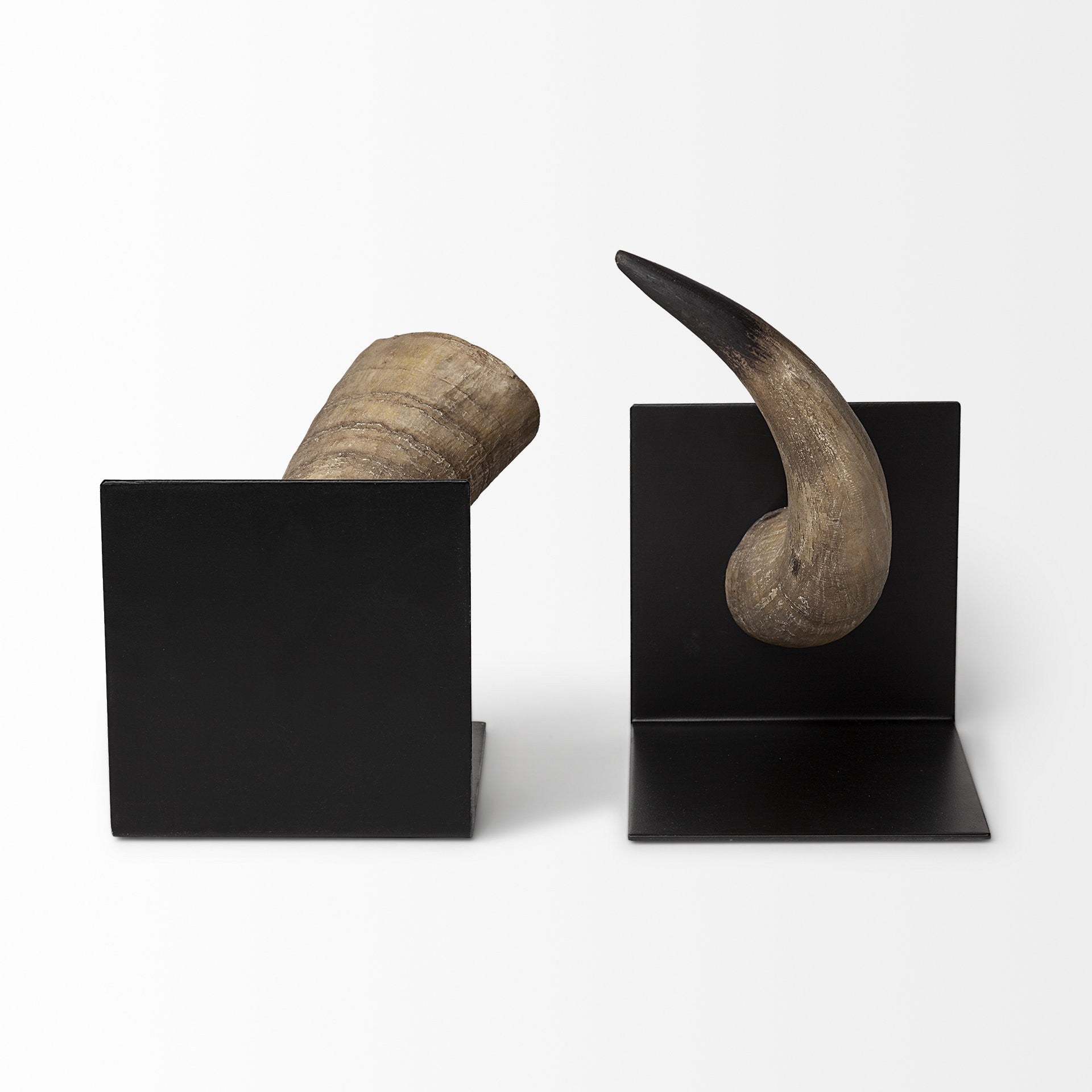 Set of Two 6" Brown and Black Ceramic Horn Decorative Bookends-Sculptures-DECOROLALA