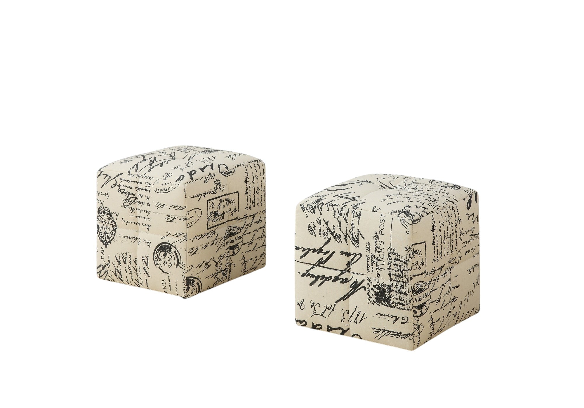 Set of Two Beige And Black Faux Leather Cube Ottoman-Ottomans-DECOROLALA
