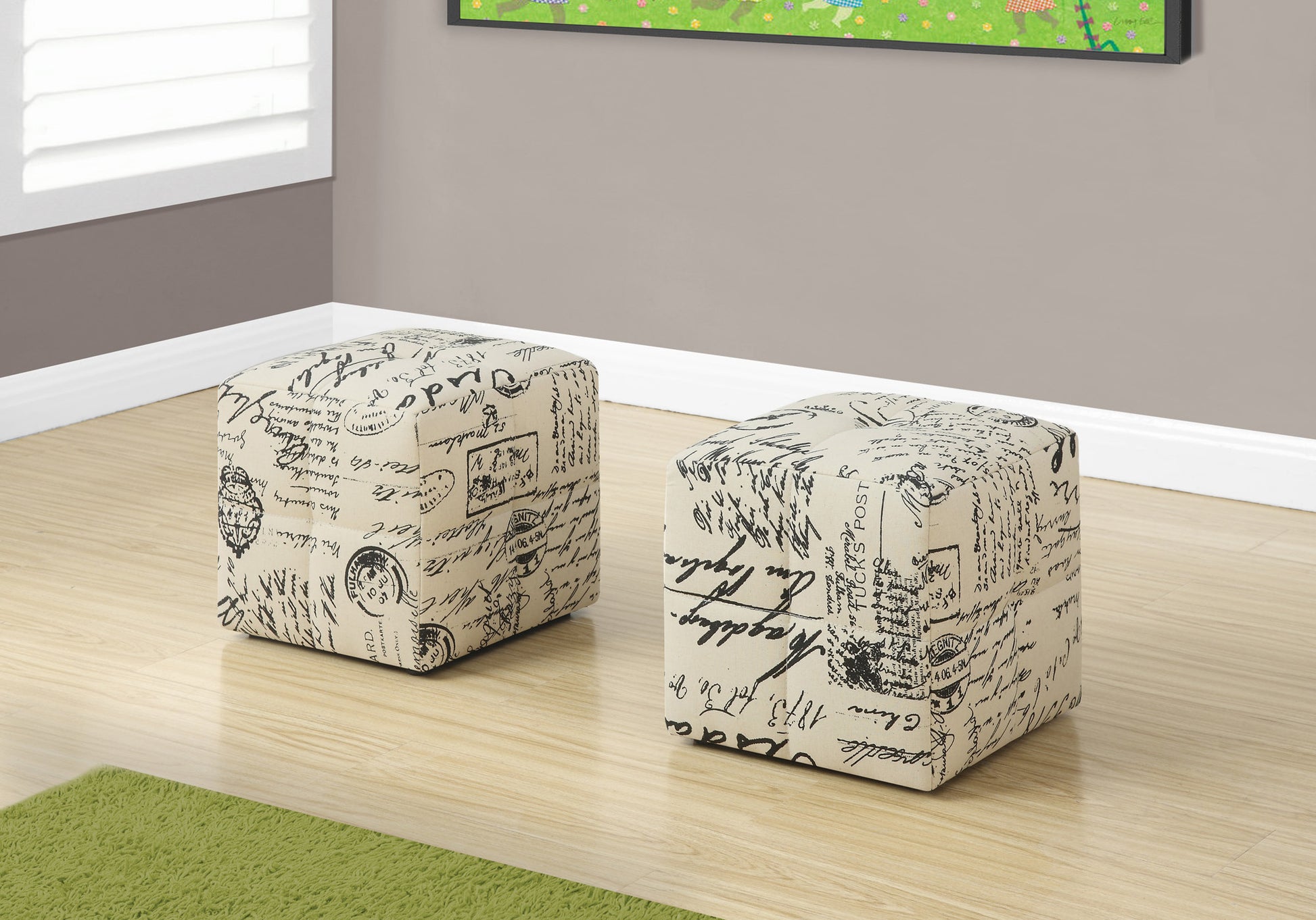 Set of Two Beige And Black Faux Leather Cube Ottoman-Ottomans-DECOROLALA