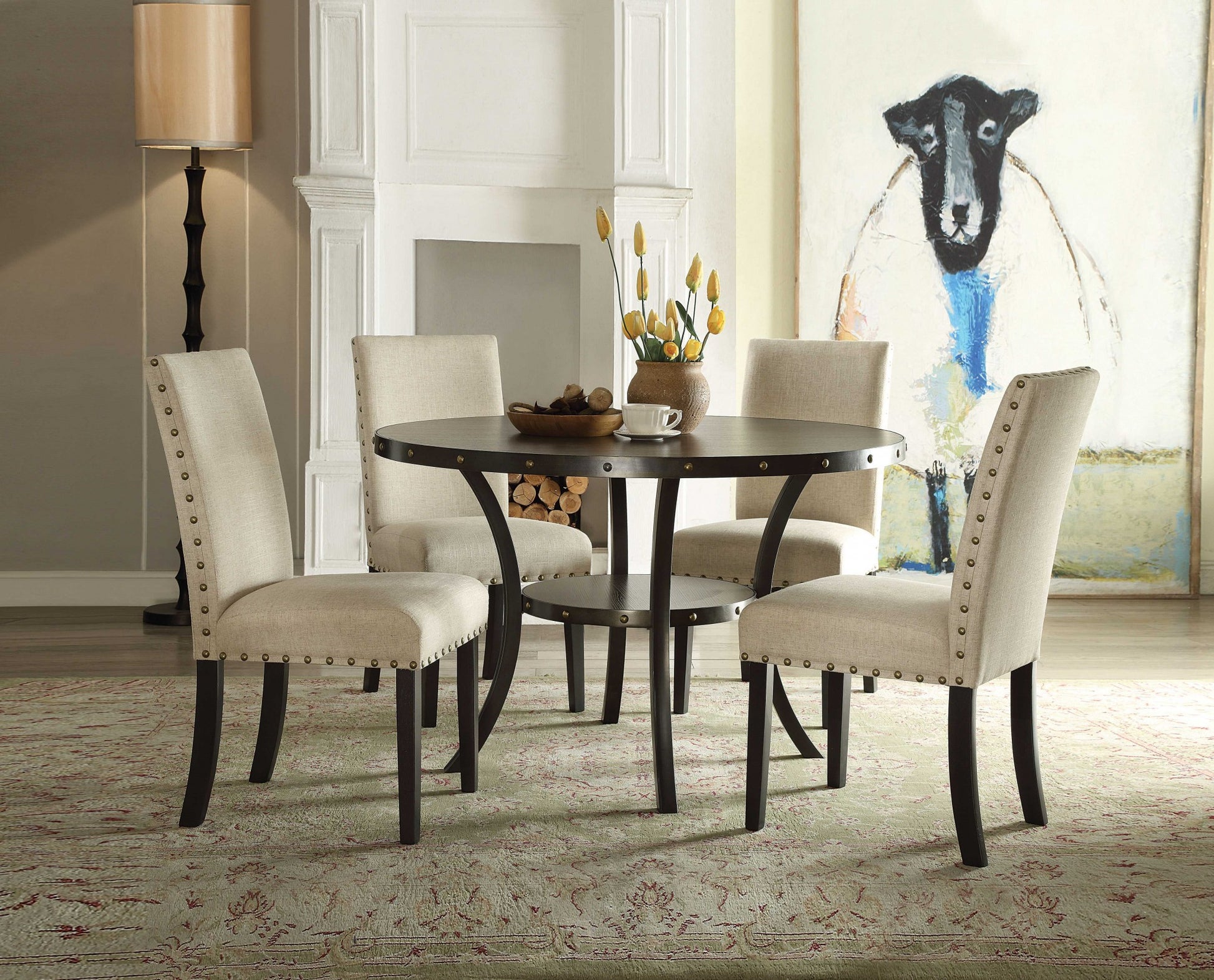 Set of Two Beige And Black Upholstered Fabric Dining Side Chairs-Dining Chairs-DECOROLALA
