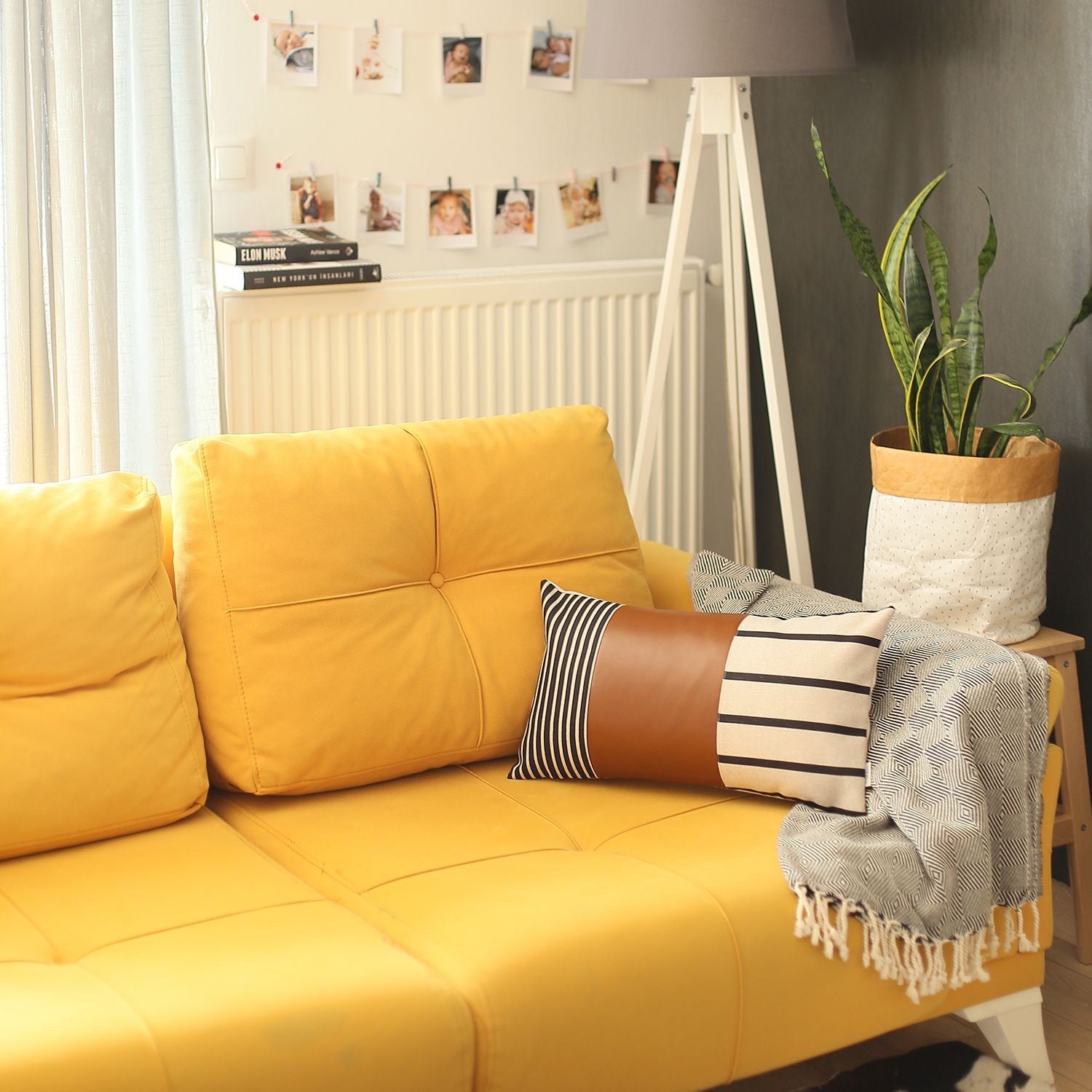 Set of Two Beige Brown and Black Geometric Fabric and Faux Leather Throw Pillows-Accent Throw Pillows-DECOROLALA