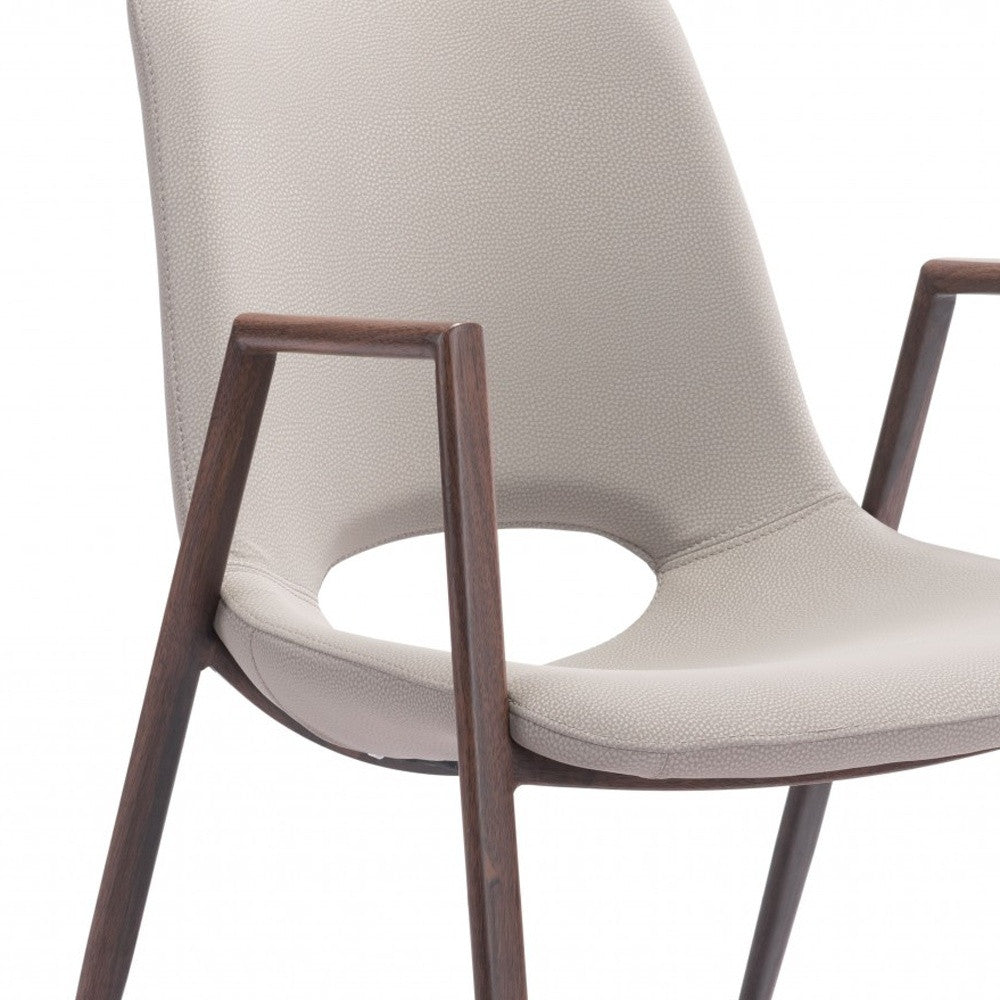 Set of Two Beige and Brown Upholstered Faux Leather Dining Arm Chairs-Dining Chairs-DECOROLALA