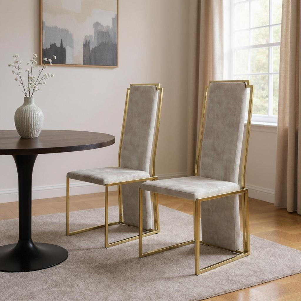 Set of Two Beige and Gold Upholstered Dining Side Chairs-Dining Chairs-DECOROLALA