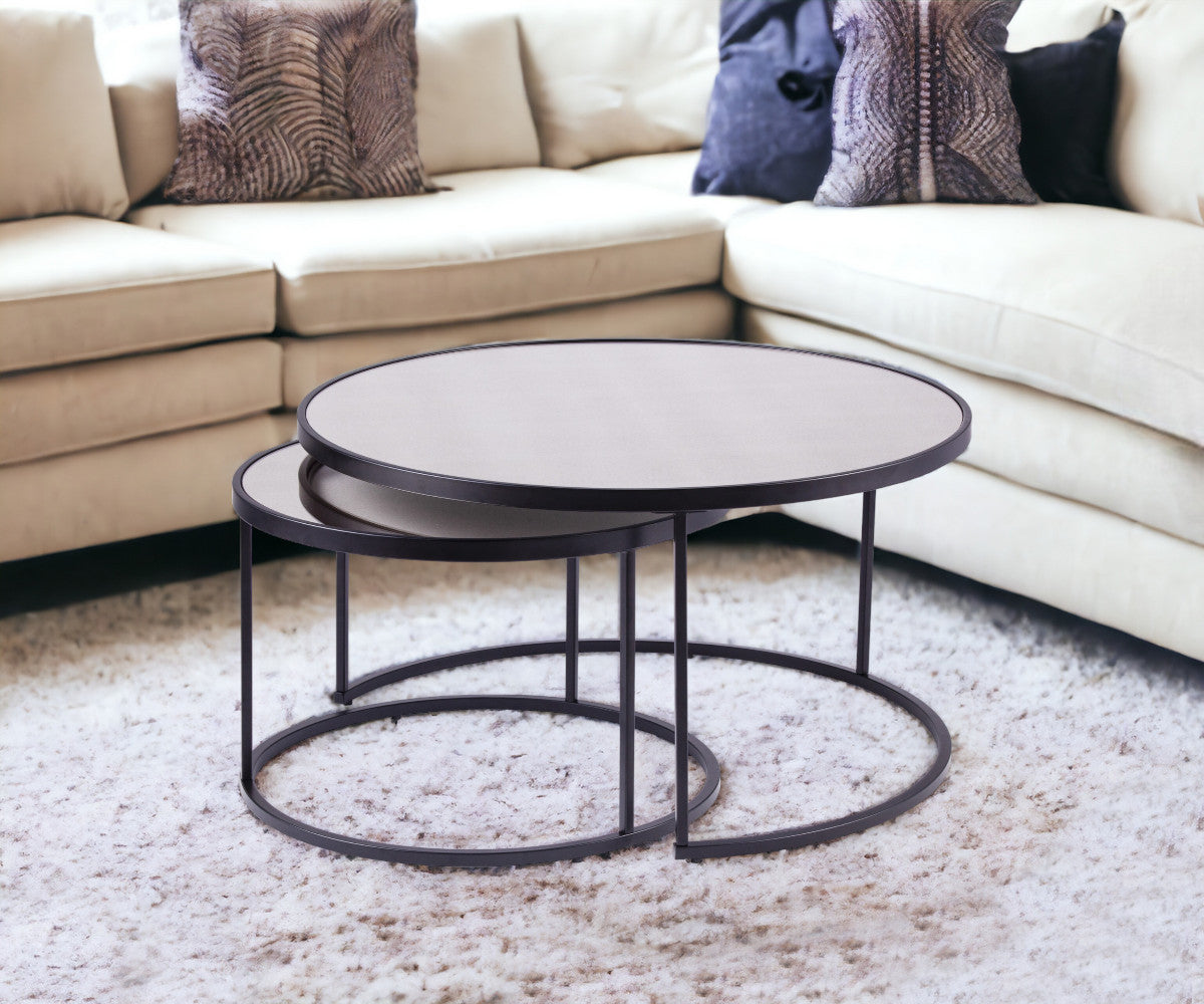 Set of Two Black And Silver Mirrored Round Nested Coffee Table Set-Coffee Tables-DECOROLALA