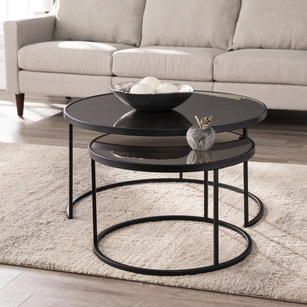 Set of Two Black And Silver Mirrored Round Nested Coffee Table Set-Coffee Tables-DECOROLALA
