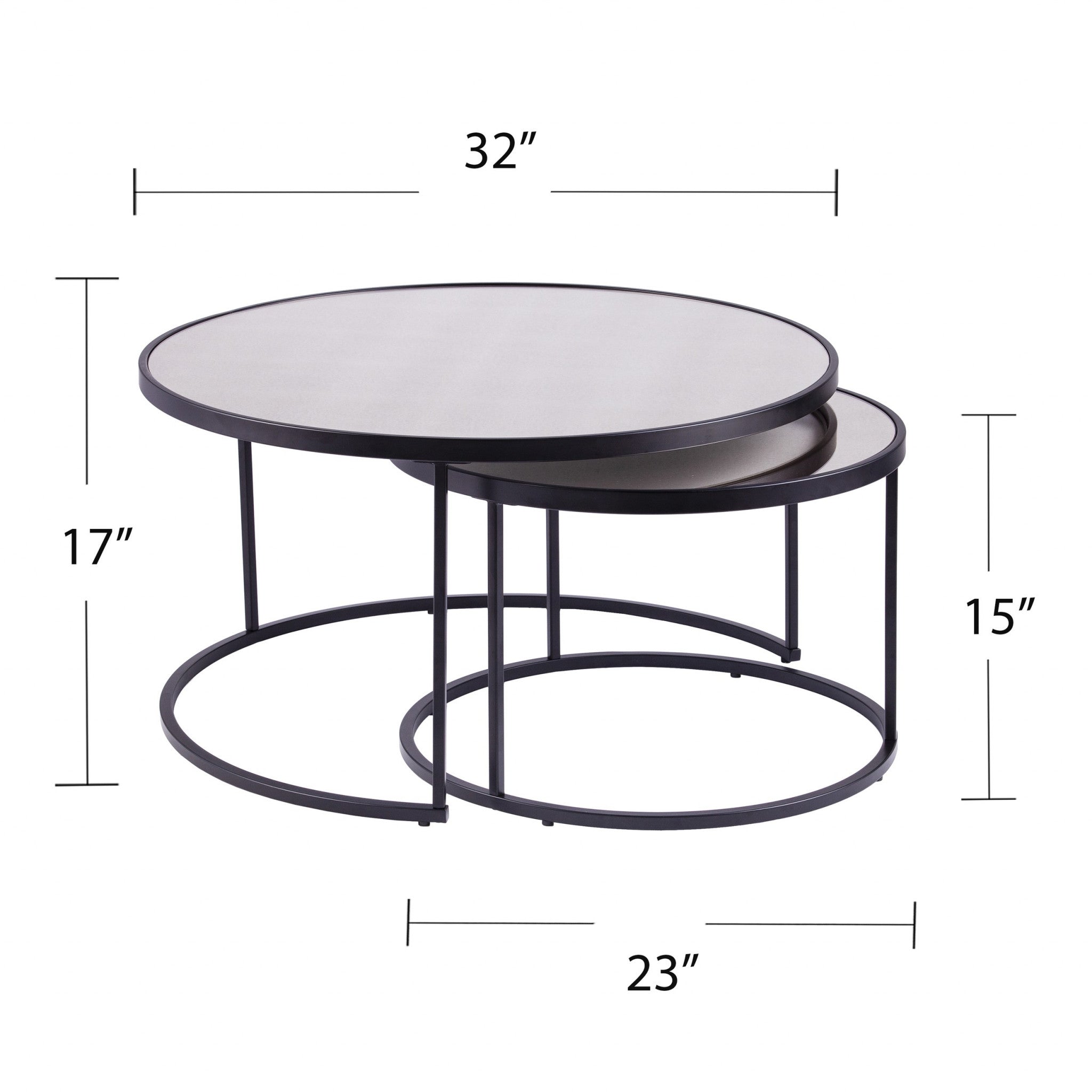 Set of Two Black And Silver Mirrored Round Nested Coffee Table Set-Coffee Tables-DECOROLALA