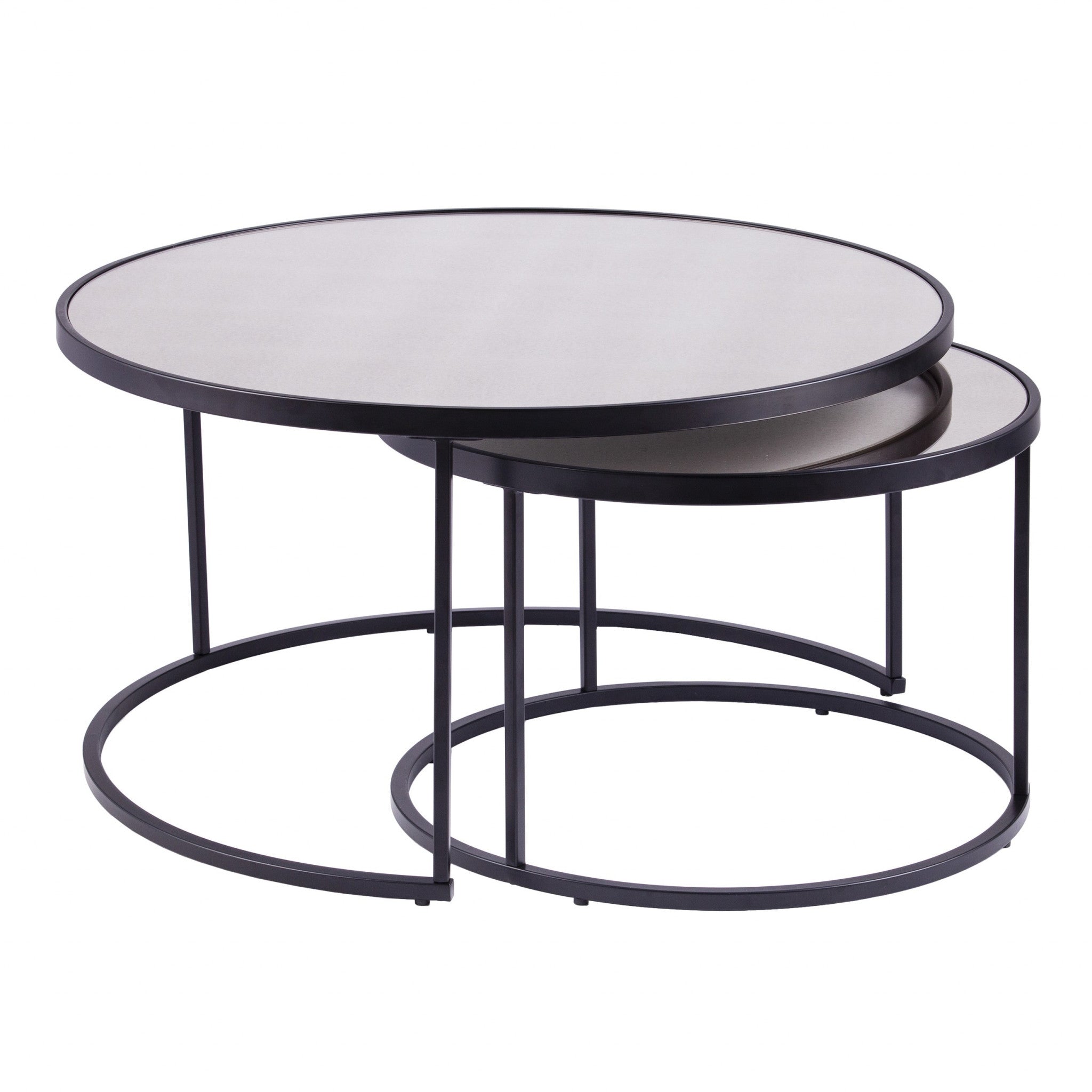 Set of Two Black And Silver Mirrored Round Nested Coffee Table Set-Coffee Tables-DECOROLALA