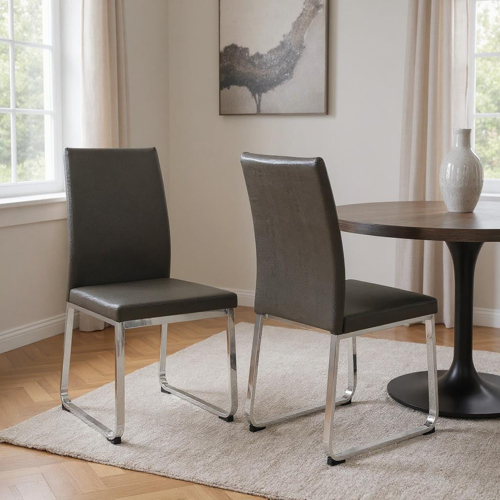 Set of Two Black And Silver Upholstered Faux Leather Dining Side Chairs-Dining Chairs-DECOROLALA