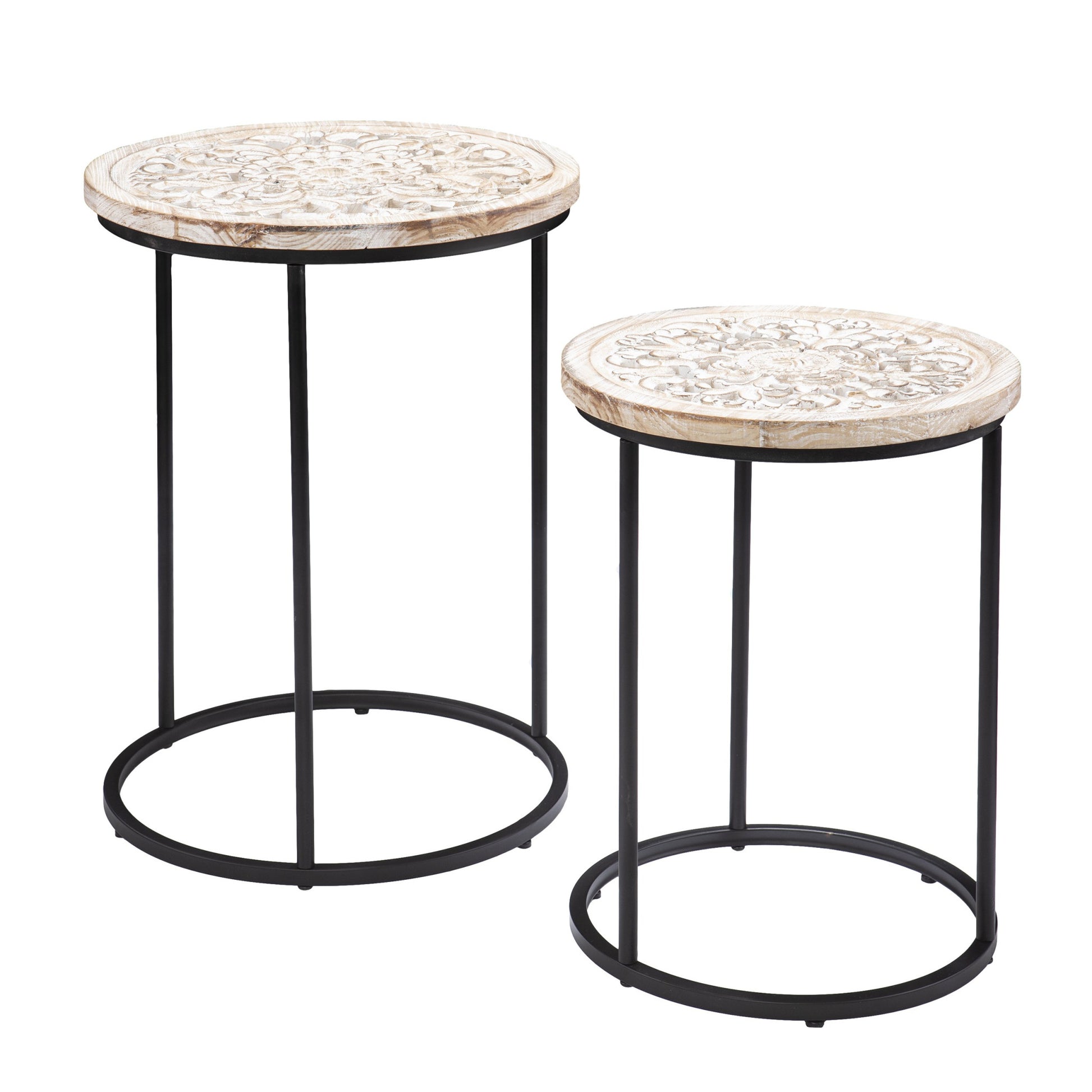 Set of Two Black And White Distressed Wood And Iron Round Nested Tables-End-Side Tables-DECOROLALA