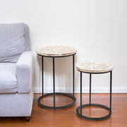 Set of Two Black And White Distressed Wood And Iron Round Nested Tables-End-Side Tables-DECOROLALA