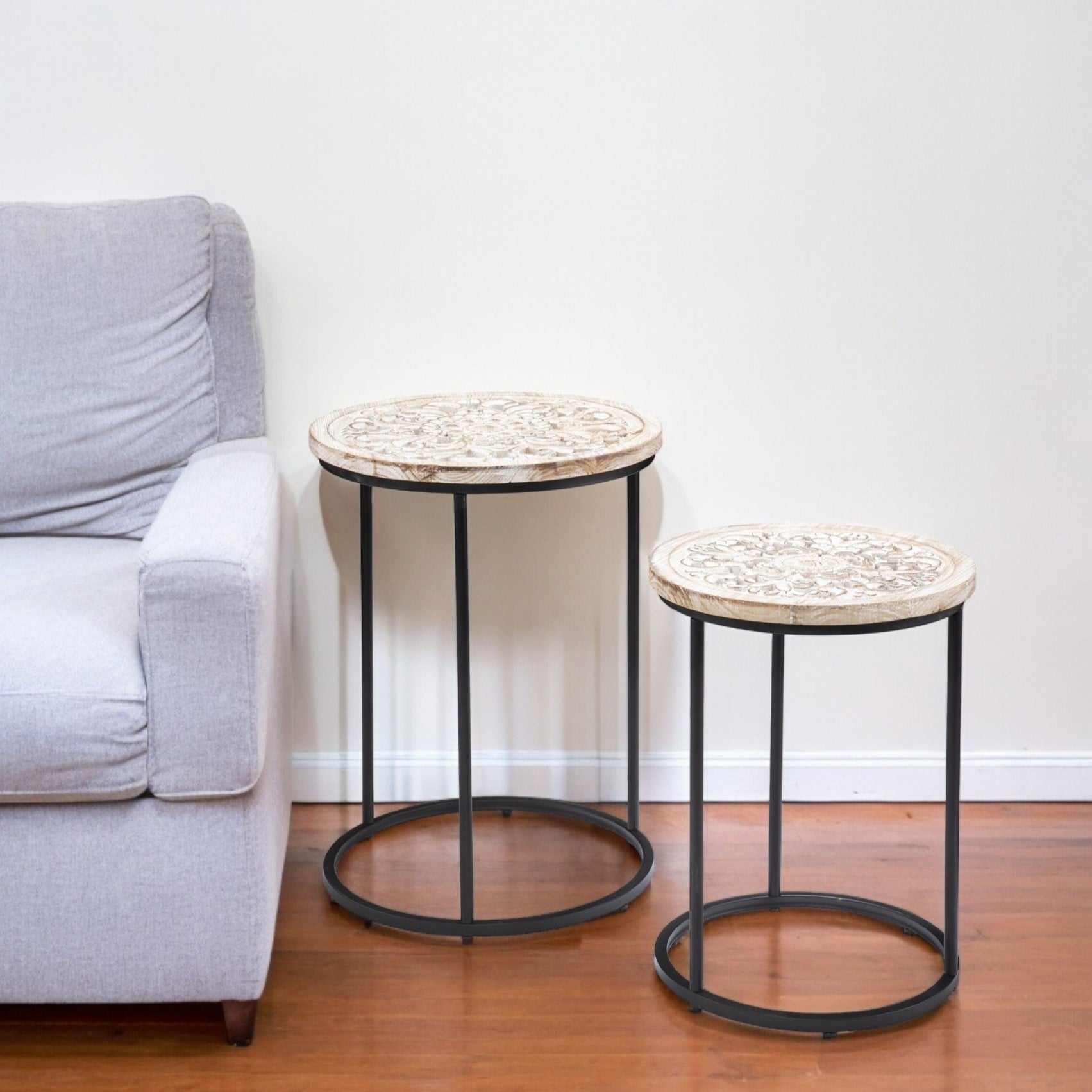 Set of Two Black And White Distressed Wood And Iron Round Nested Tables-End-Side Tables-DECOROLALA