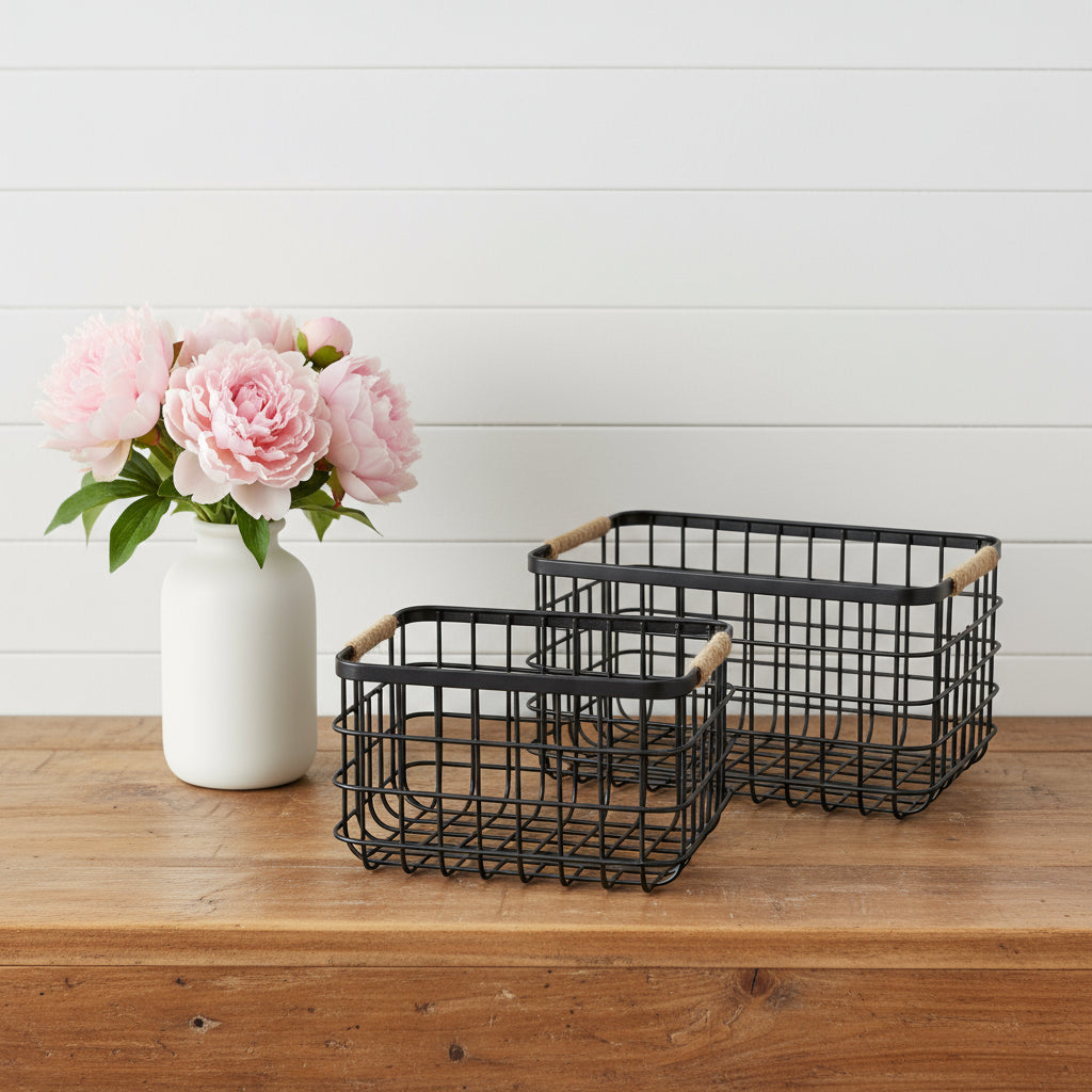 Set of Two Black Metal Basket-Organizers-DECOROLALA