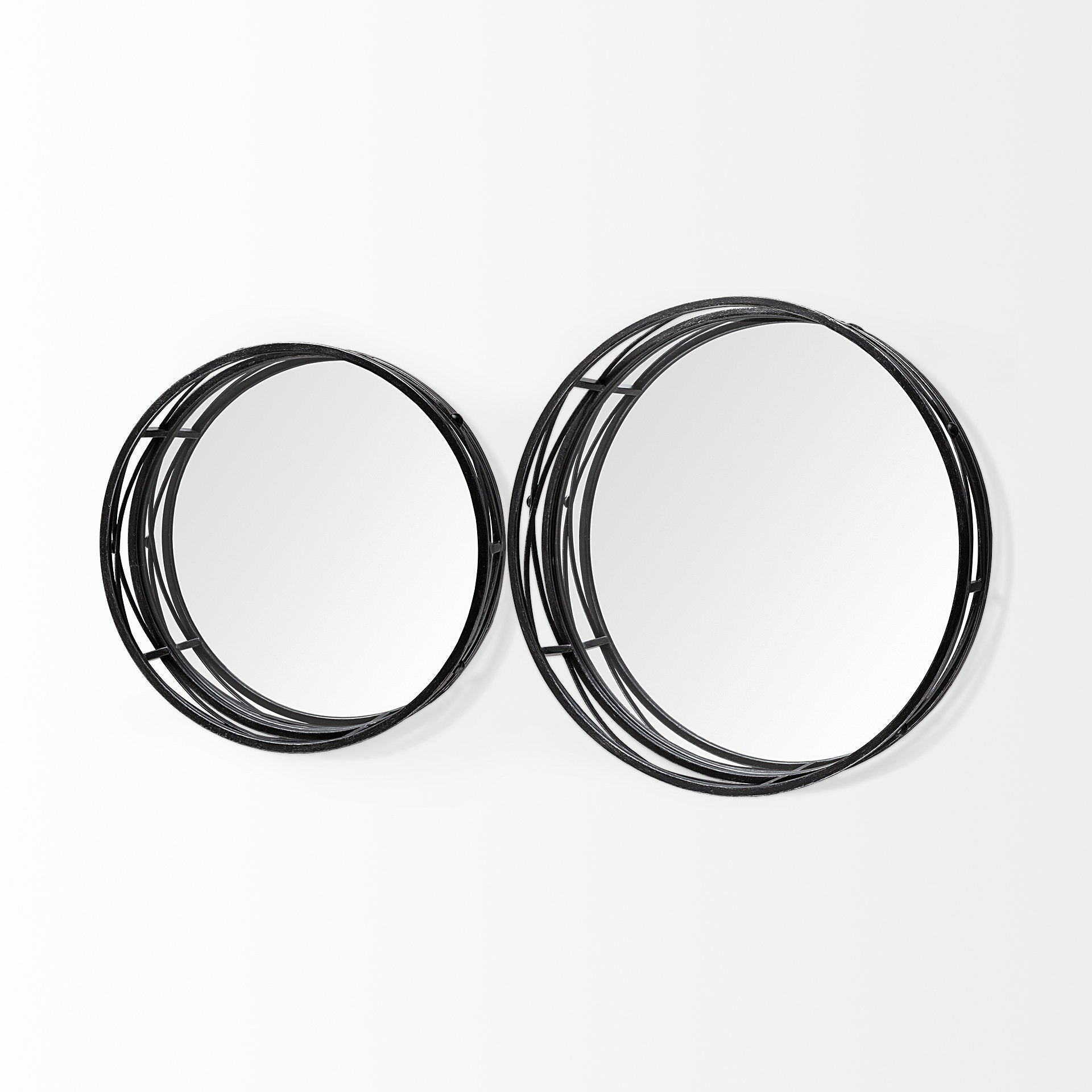 Set of Two Black Round Metal And Mirrored Glass Vanity Trays-Trays-DECOROLALA