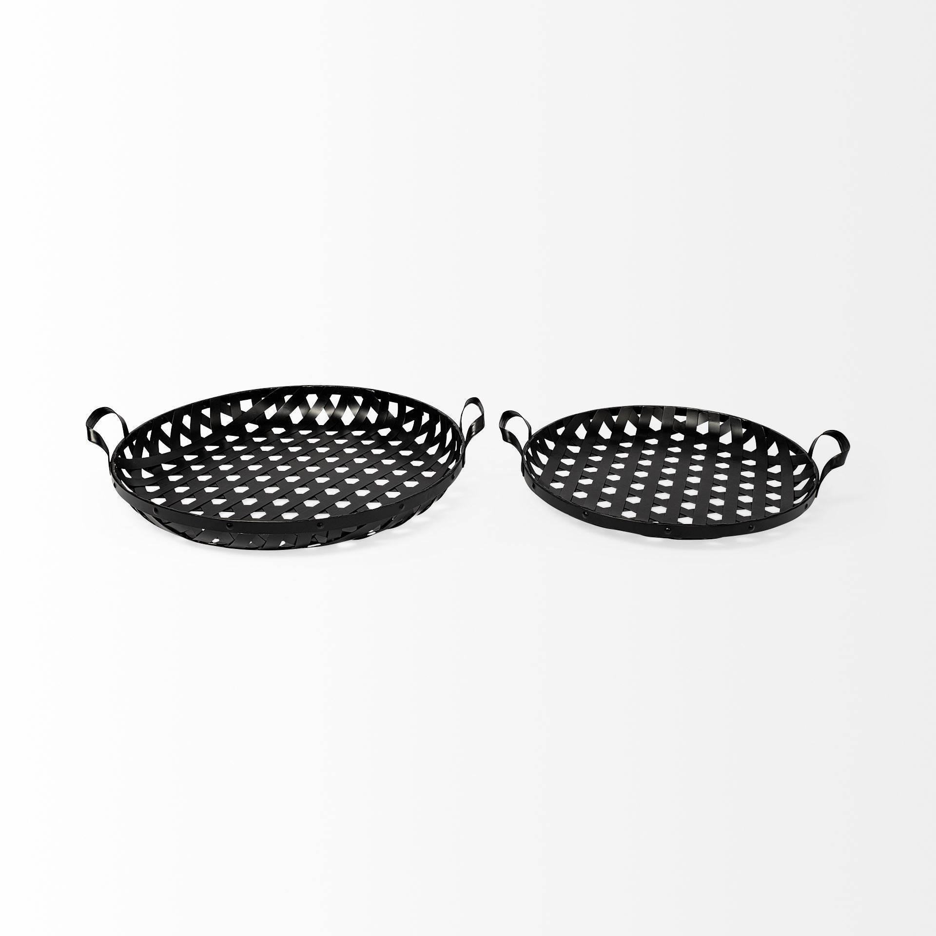 Set of Two Black Round Metal Indoor Outdoor Tray With Handles-Trays-DECOROLALA