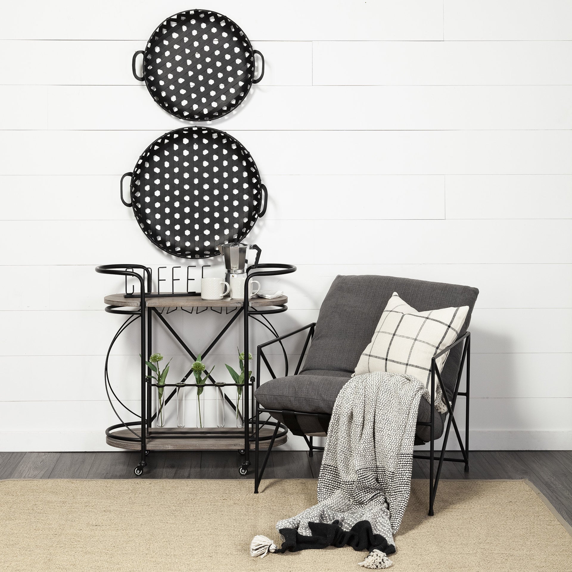 Set of Two Black Round Metal Indoor Outdoor Tray With Handles-Trays-DECOROLALA