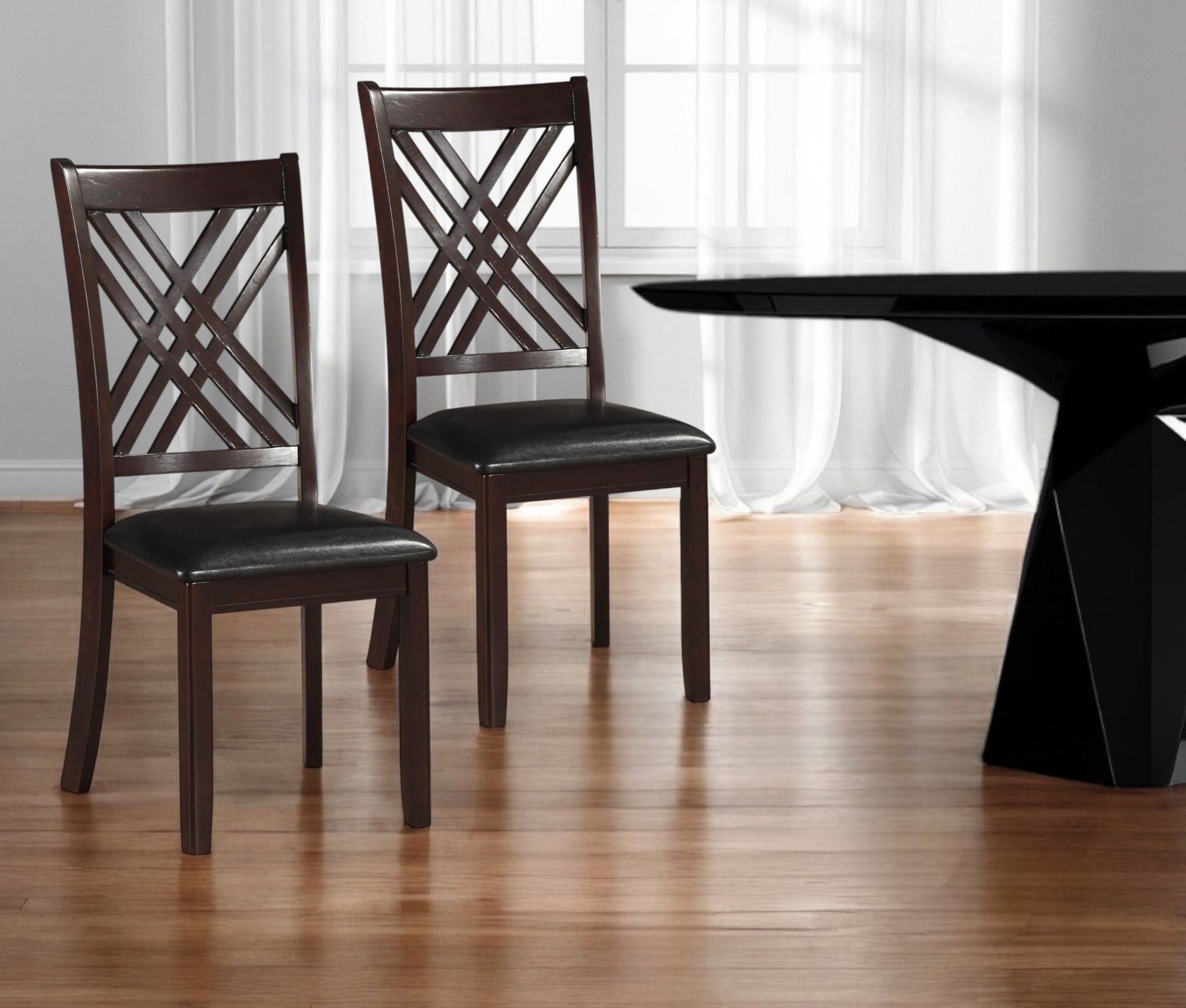 Set of Two Black Upholstered Faux Leather Cross Back Dining Side Chairs-Dining Chairs-DECOROLALA