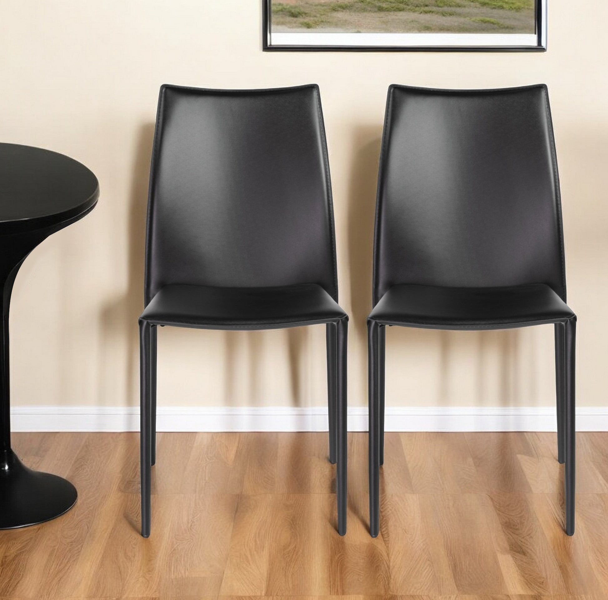 Set of Two Black Upholstered Faux Leather Dining Side Chairs-Dining Chairs-DECOROLALA