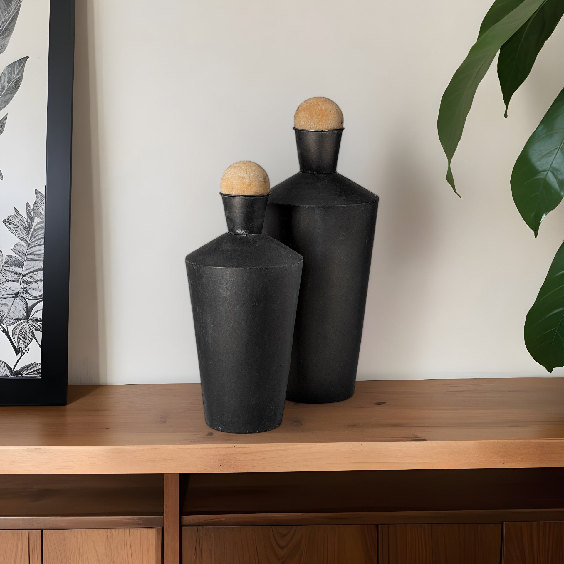 Set of Two Black and Brown Metal Cylindrical Urns-Vases-DECOROLALA