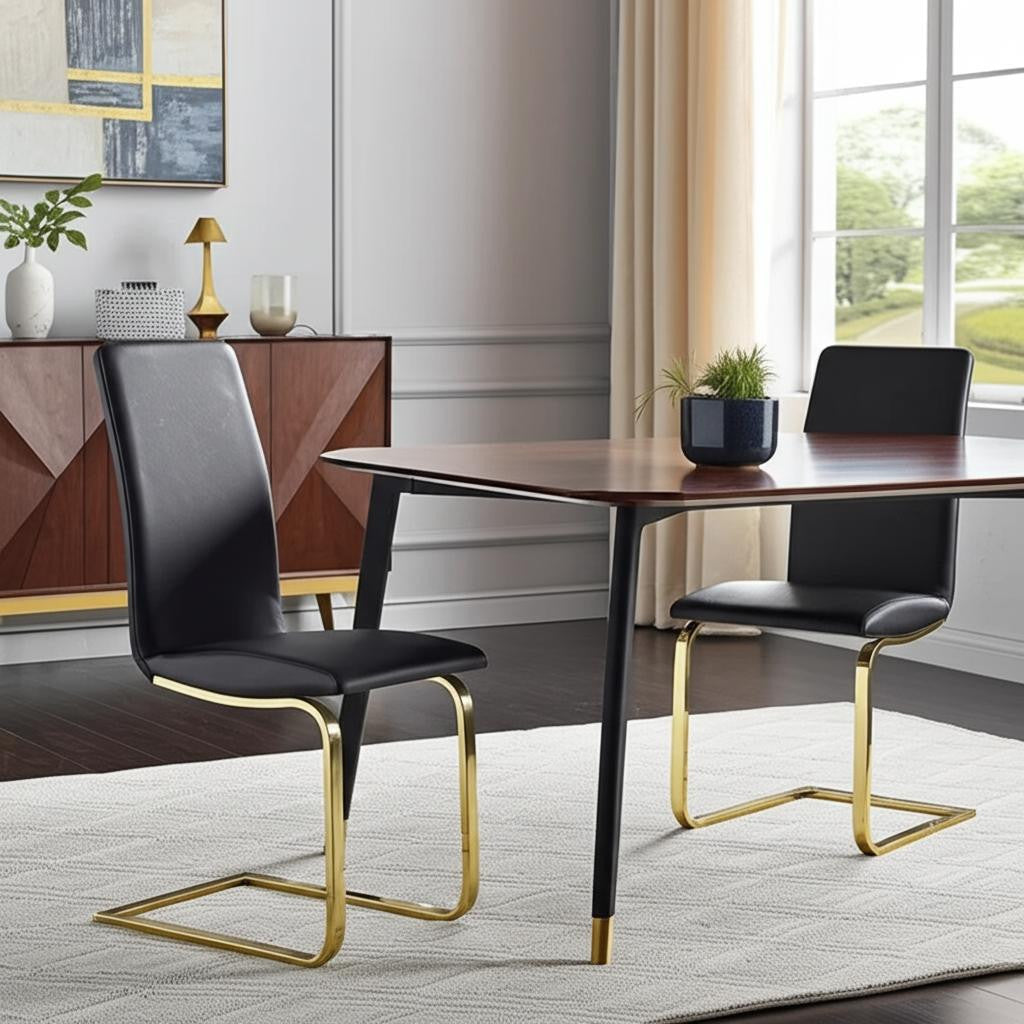 Set of Two Black and Gold Upholstered Leather Dining Side Chairs-Dining Chairs-DECOROLALA