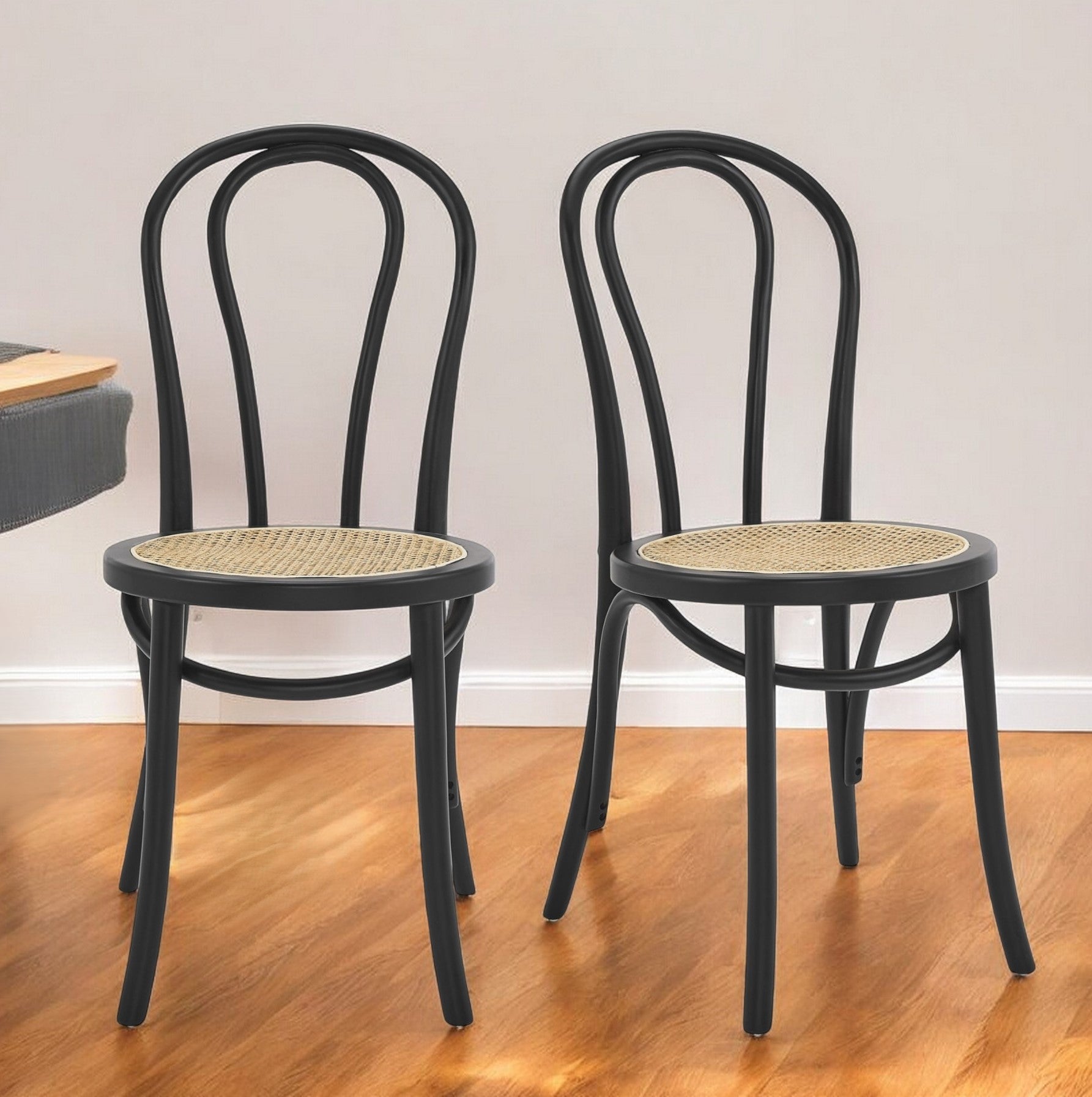 Set of Two Black and Natural Solid Wood And Rattan Curved Back Dining Side Chairs-Dining Chairs-DECOROLALA