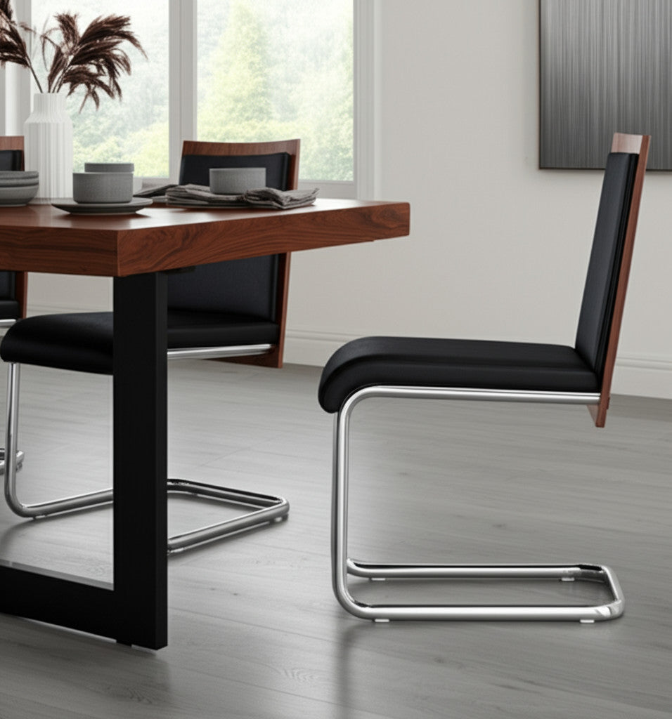 Set of Two Black and Silver Upholstered Faux Leather Dining Parsons Chairs-Dining Chairs-DECOROLALA