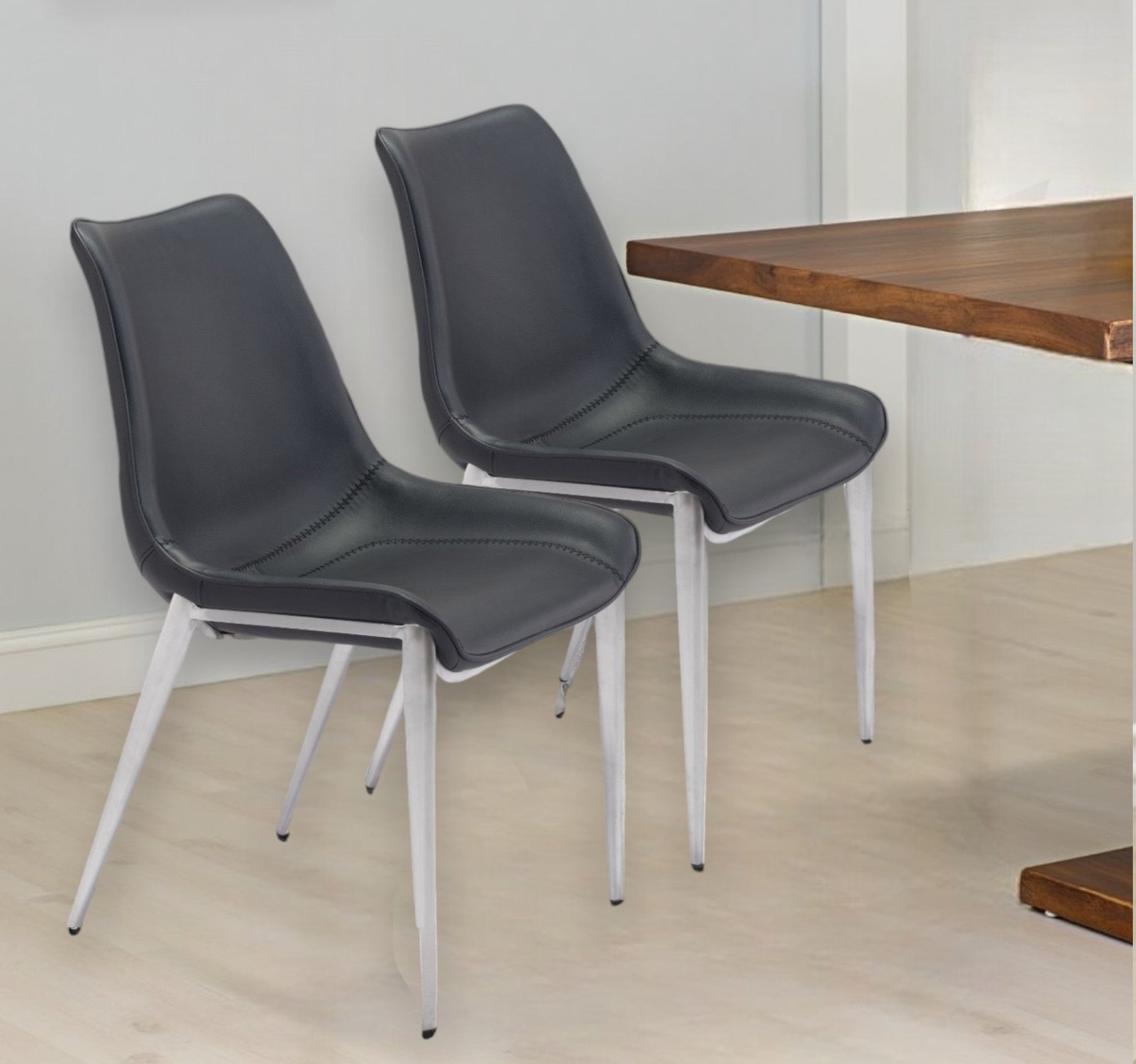 Set of Two Black and Silver Upholstered Faux Leather Dining Side Chairs-Dining Chairs-DECOROLALA