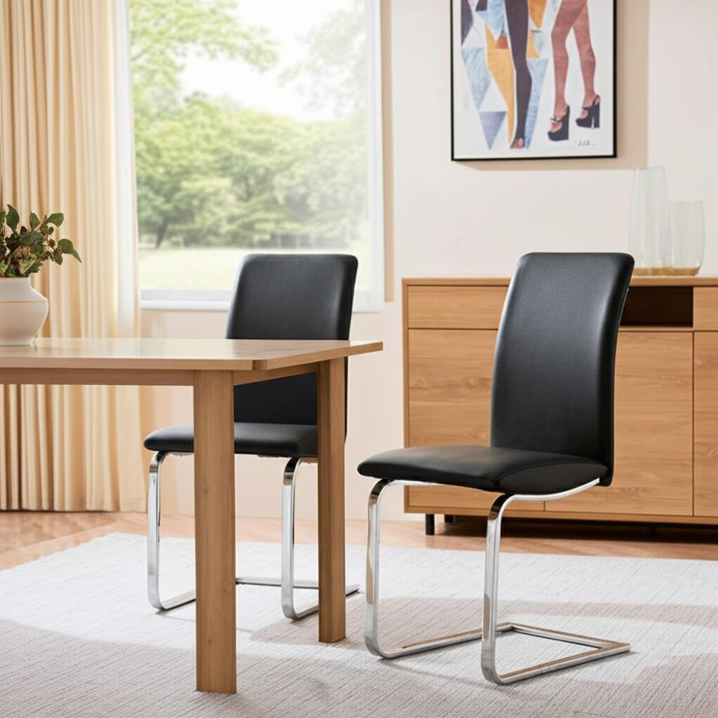 Set of Two Black and Silver Upholstered Leather Dining Side Chairs-Dining Chairs-DECOROLALA