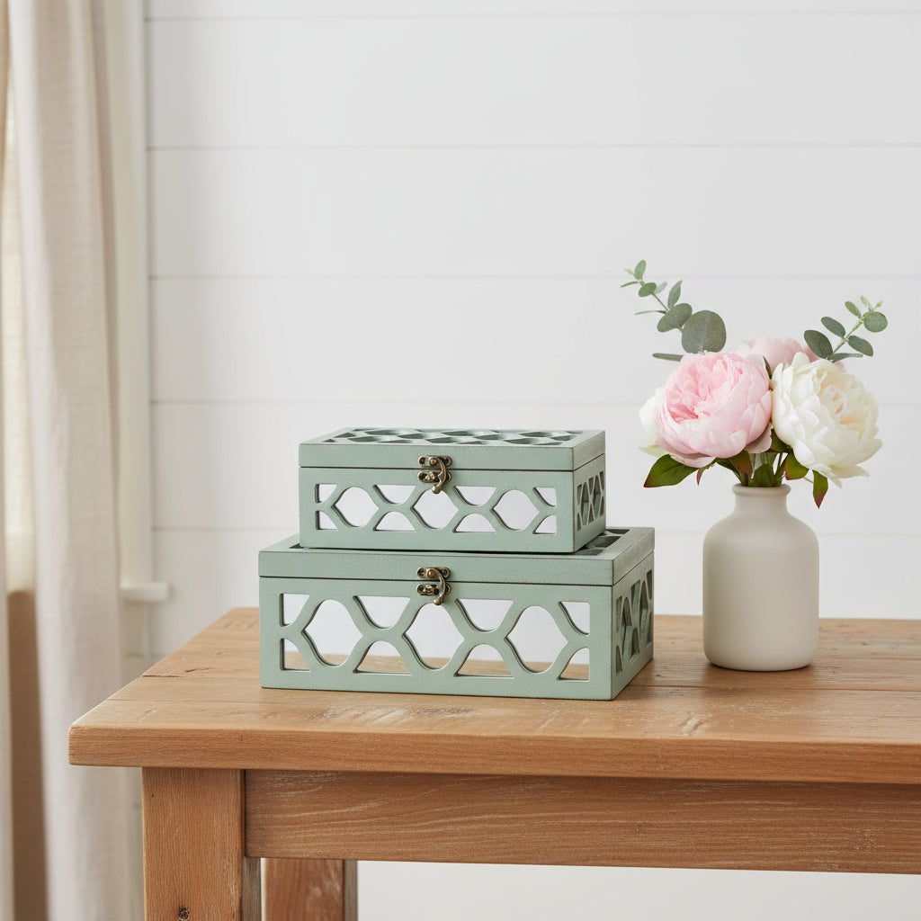 Set of Two Blue Mirrored Glass And Wood Box With Lid-Organizers-DECOROLALA