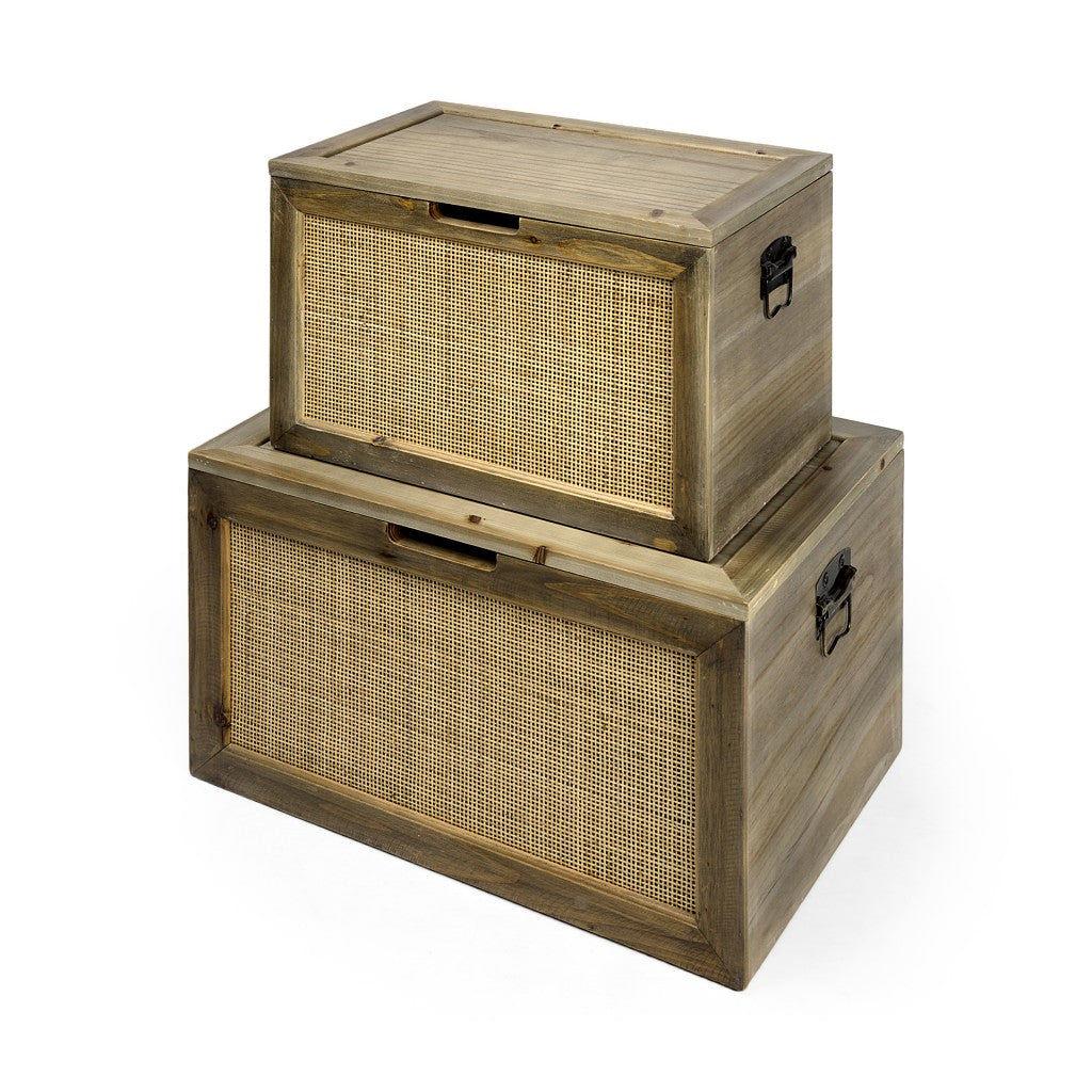 Set of Two Brown And Natural Cane And Solid Wood Box With Lid-Organizers-DECOROLALA