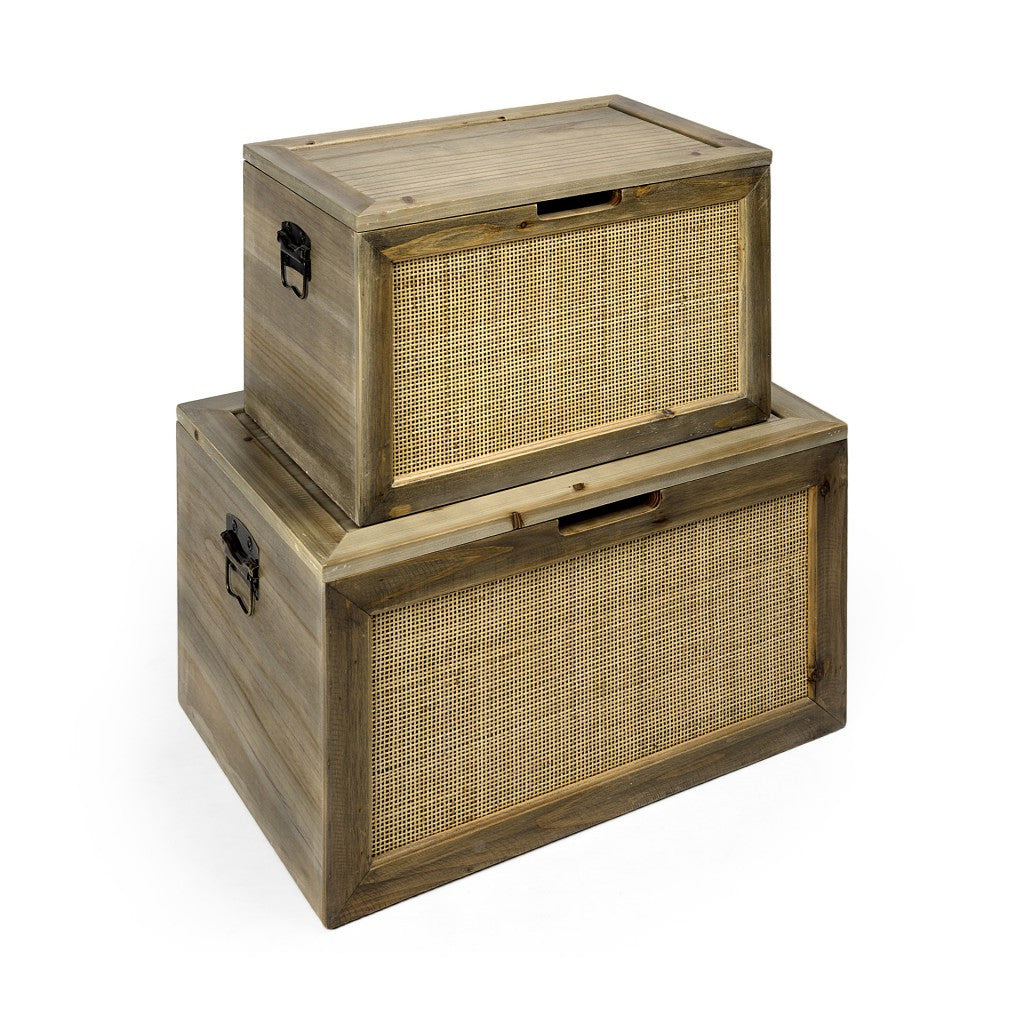Set of Two Brown And Natural Cane And Solid Wood Box With Lid-Organizers-DECOROLALA