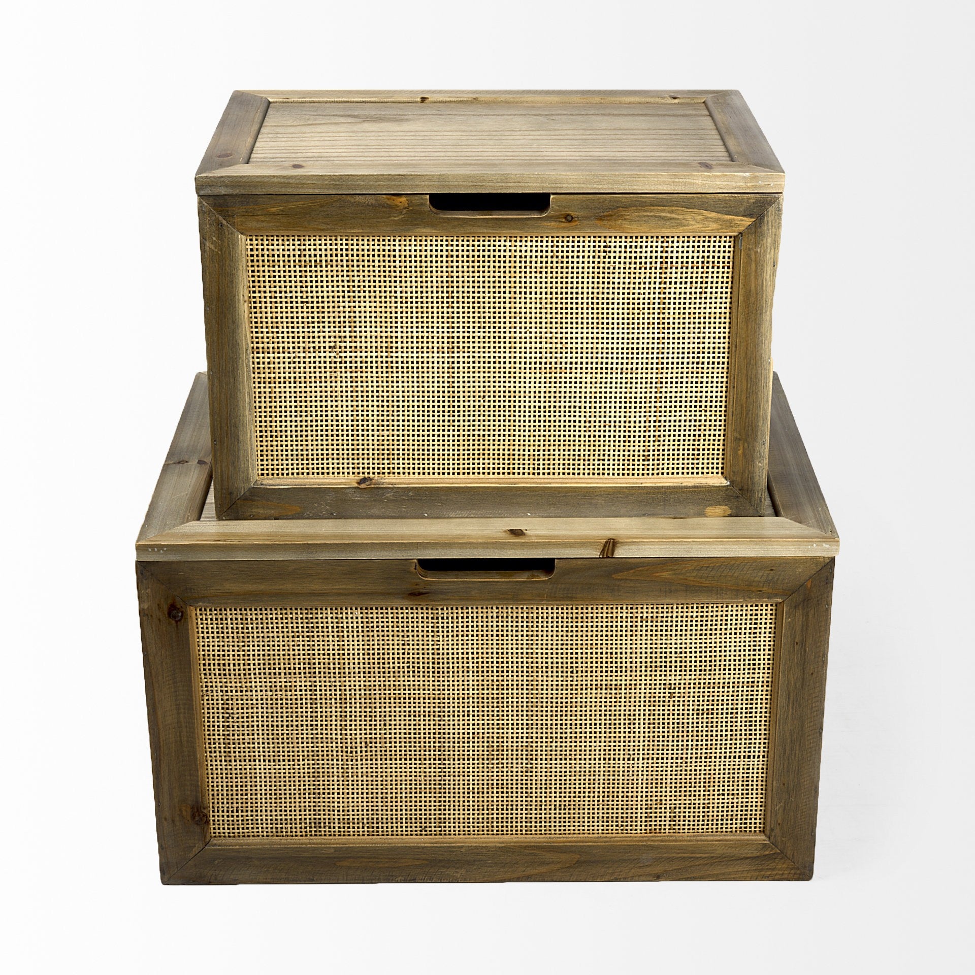 Set of Two Brown And Natural Cane And Solid Wood Box With Lid-Organizers-DECOROLALA