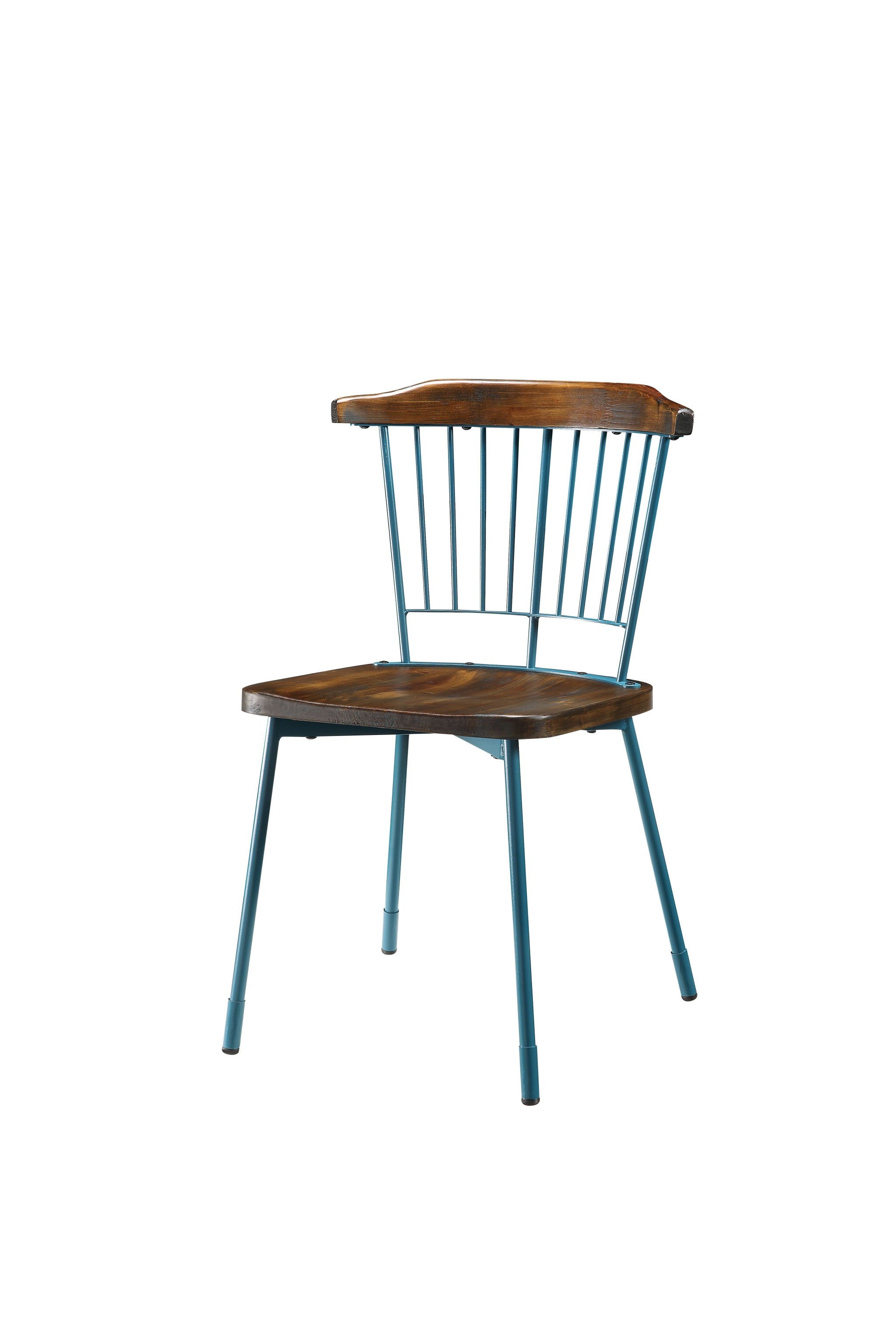 Set of Two Brown And Teal Blue Wood Windsor Back Dining Side Chairs-Dining Chairs-DECOROLALA