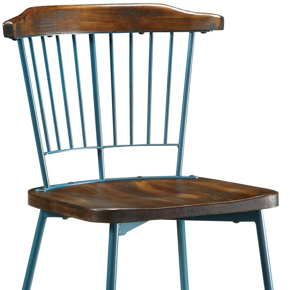 Set of Two Brown And Teal Blue Wood Windsor Back Dining Side Chairs-Dining Chairs-DECOROLALA