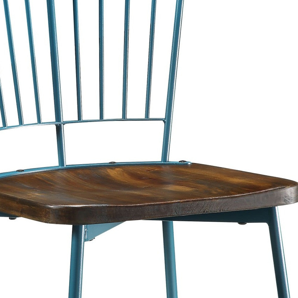 Set of Two Brown And Teal Blue Wood Windsor Back Dining Side Chairs-Dining Chairs-DECOROLALA