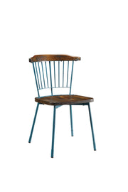 Set of Two Brown And Teal Blue Wood Windsor Back Dining Side Chairs-Dining Chairs-DECOROLALA
